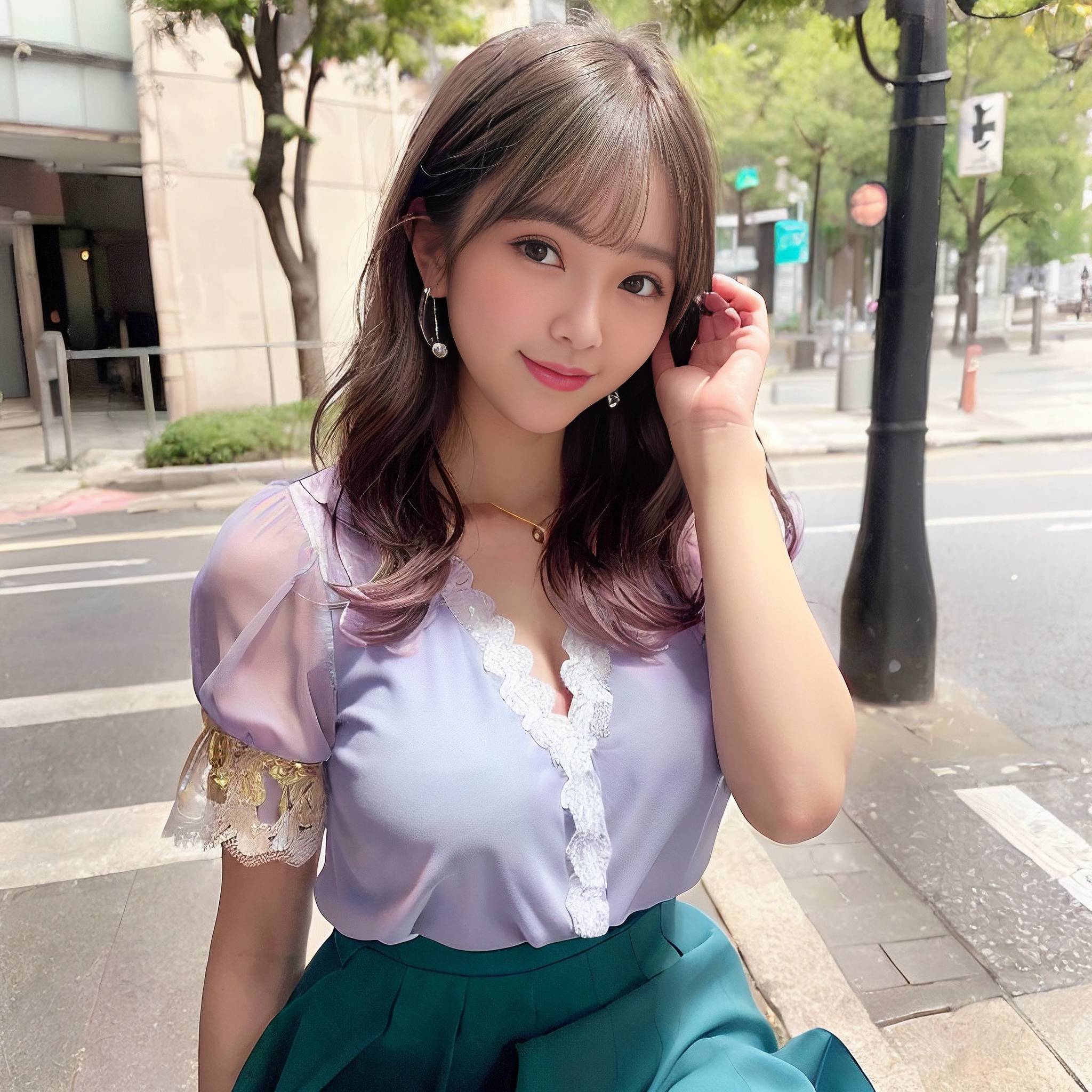 a woman in a blue dress talking on a cell phone 