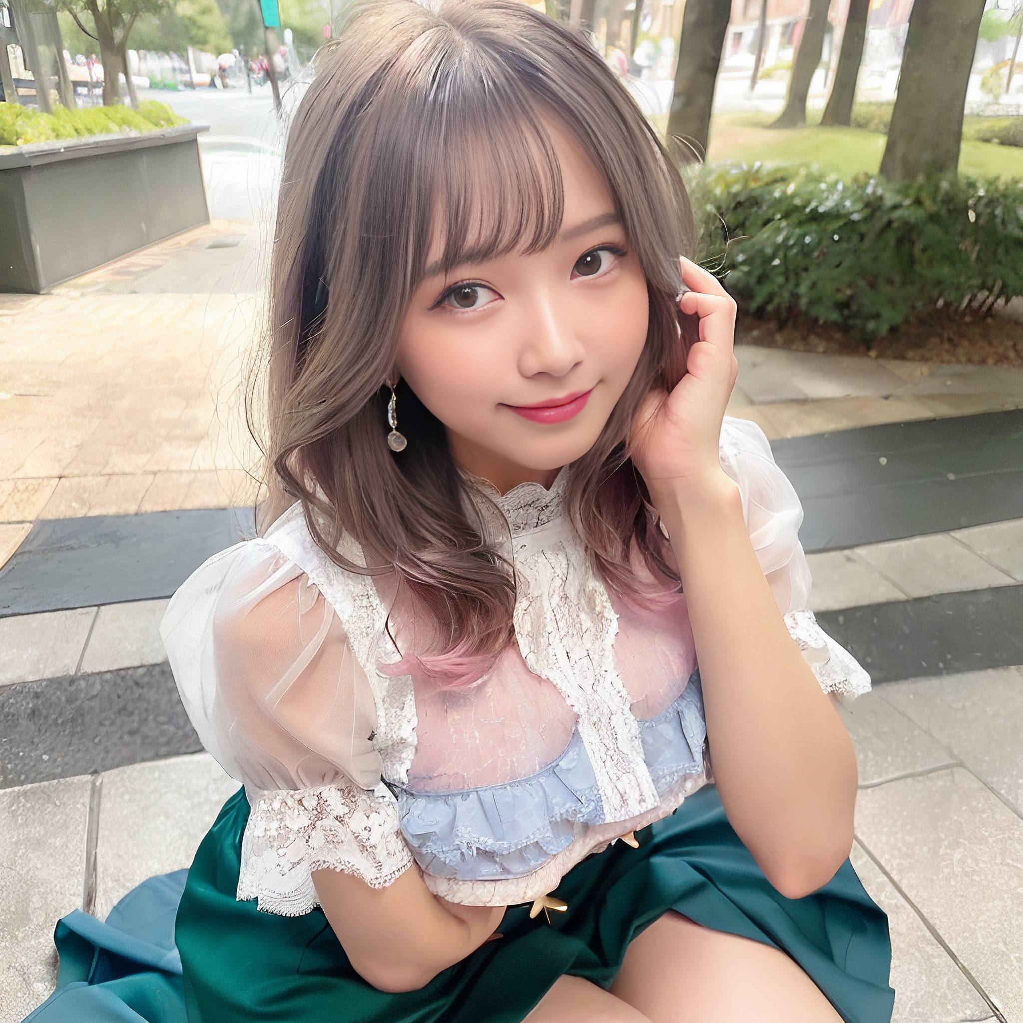 a young woman is sitting on the sidewalk talking on her cell phone 