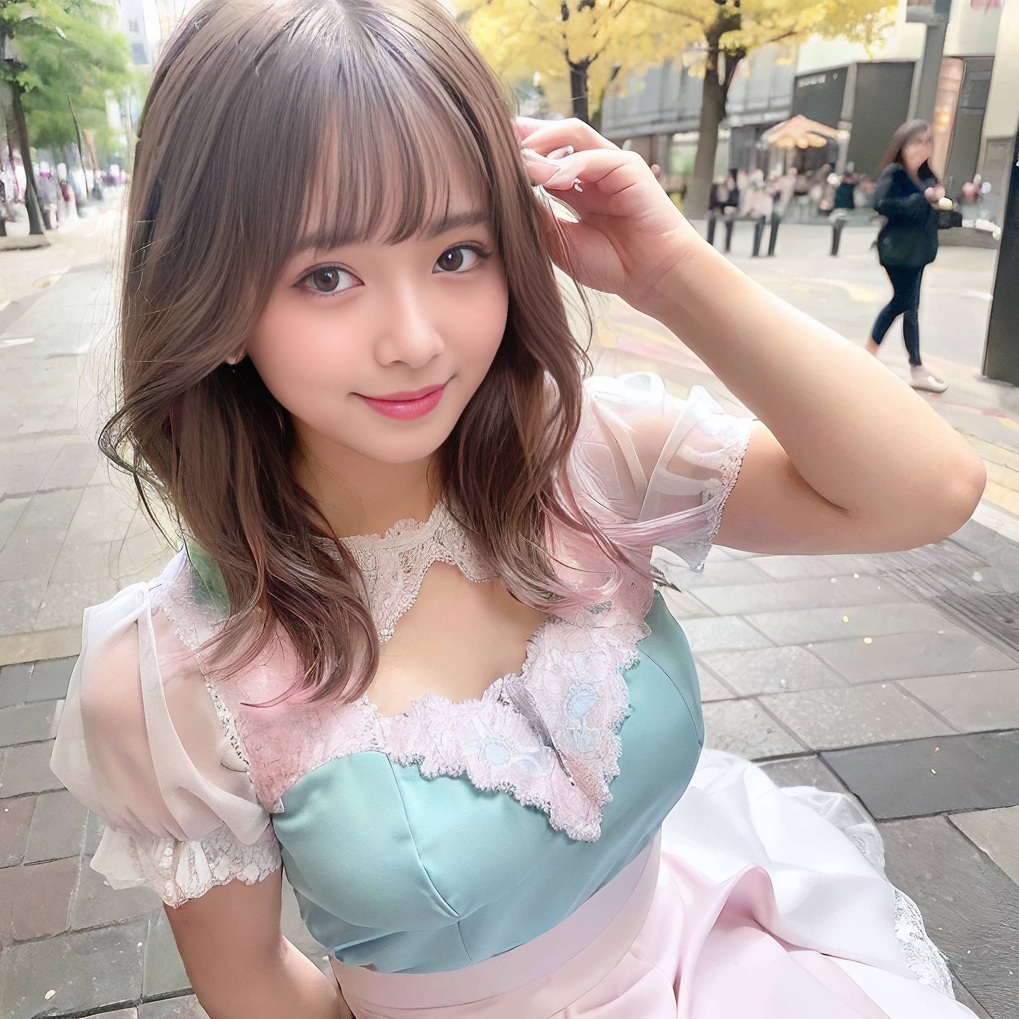 a woman in a pink dress holding a pink flower 