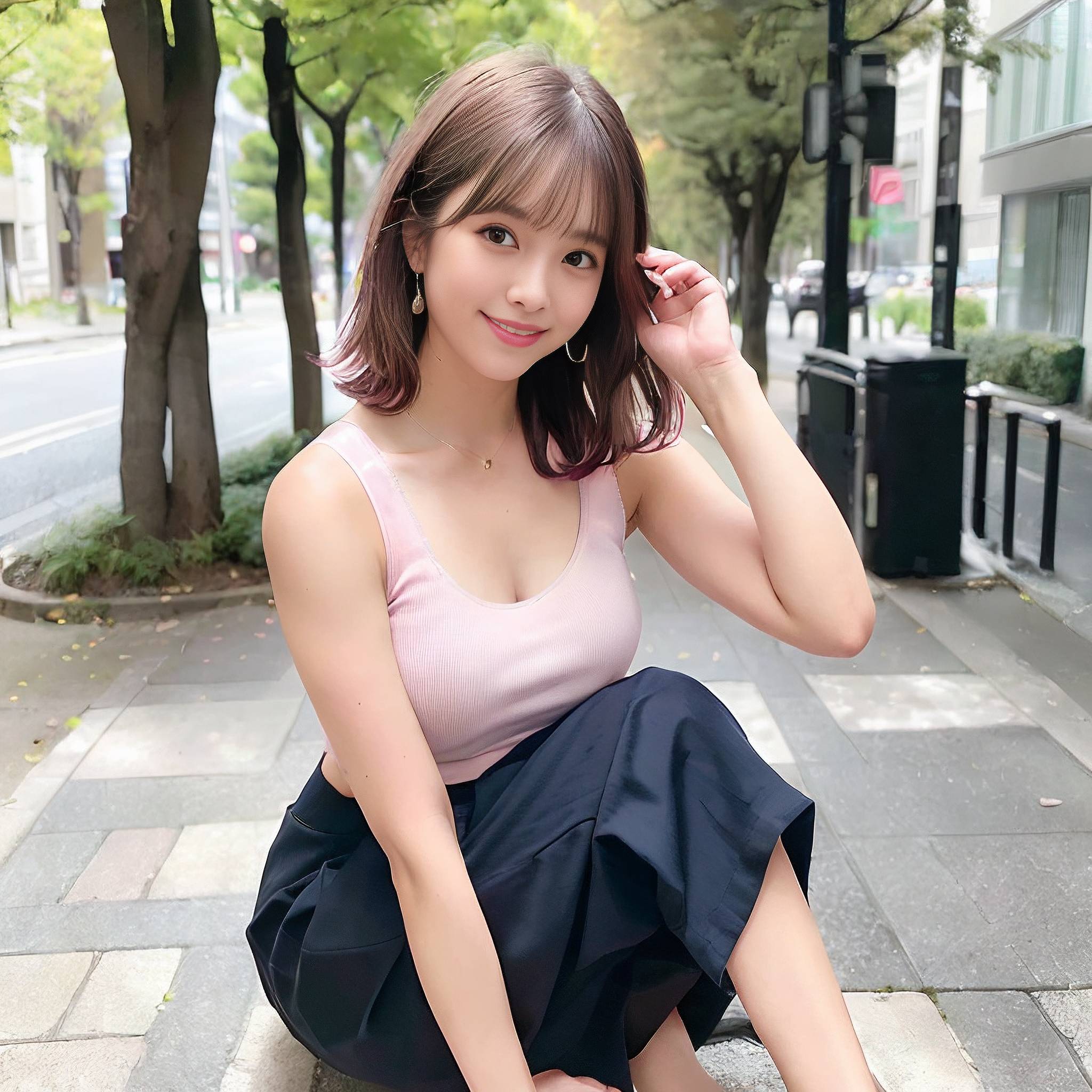 a young woman sitting on a sidewalk talking on a cell phone 