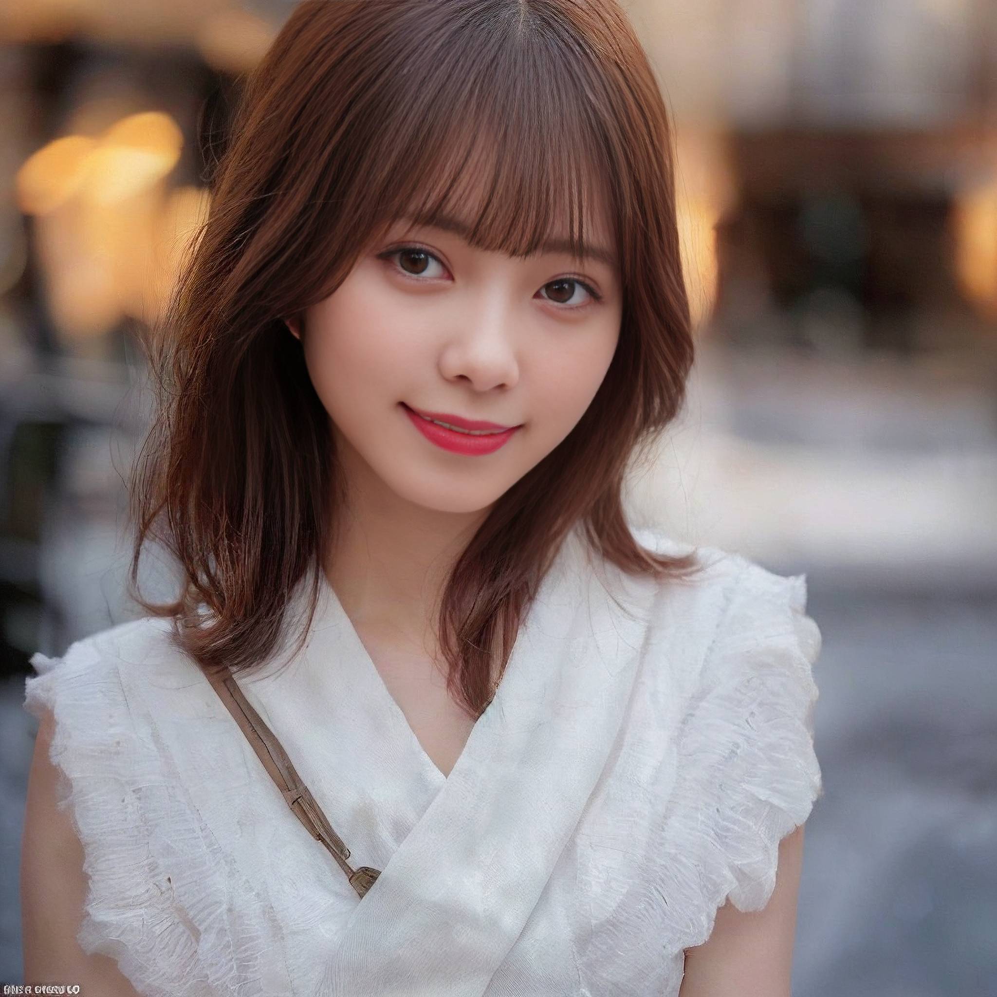 a woman with long hair standing in front of a street 
