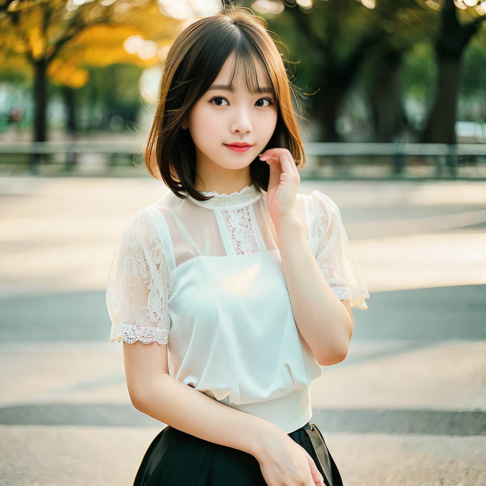 a young girl standing on a sidewalk holding a cell phone 