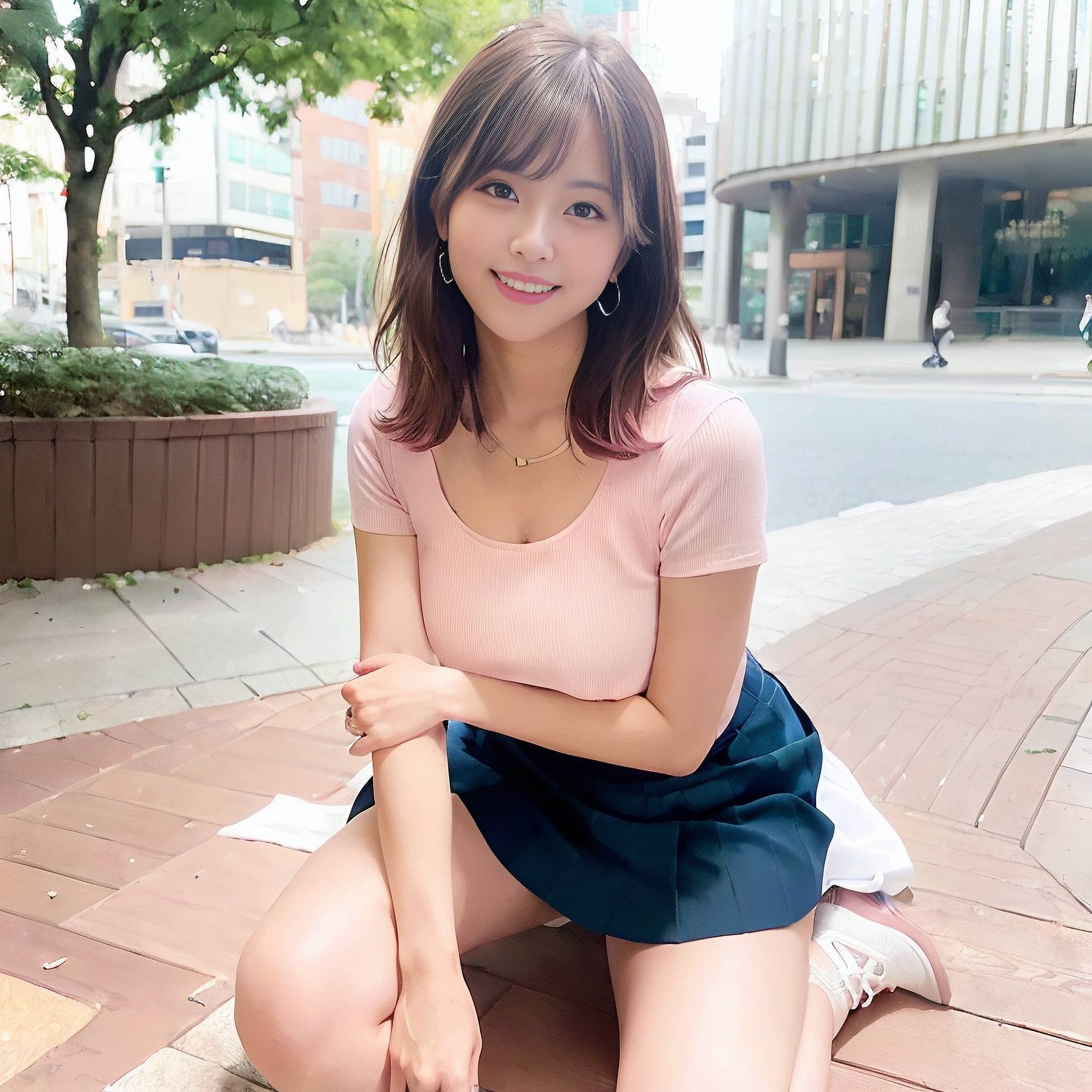 a woman sitting on a sidewalk next to a fire hydrant 