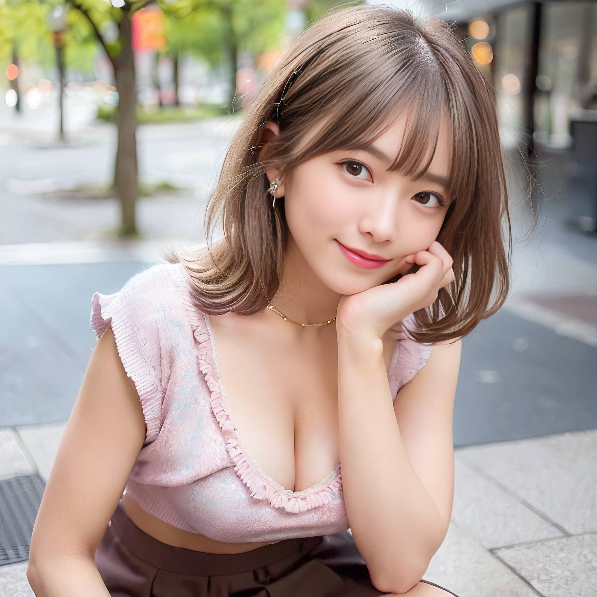 a woman sitting on a sidewalk talking on a cell phone 