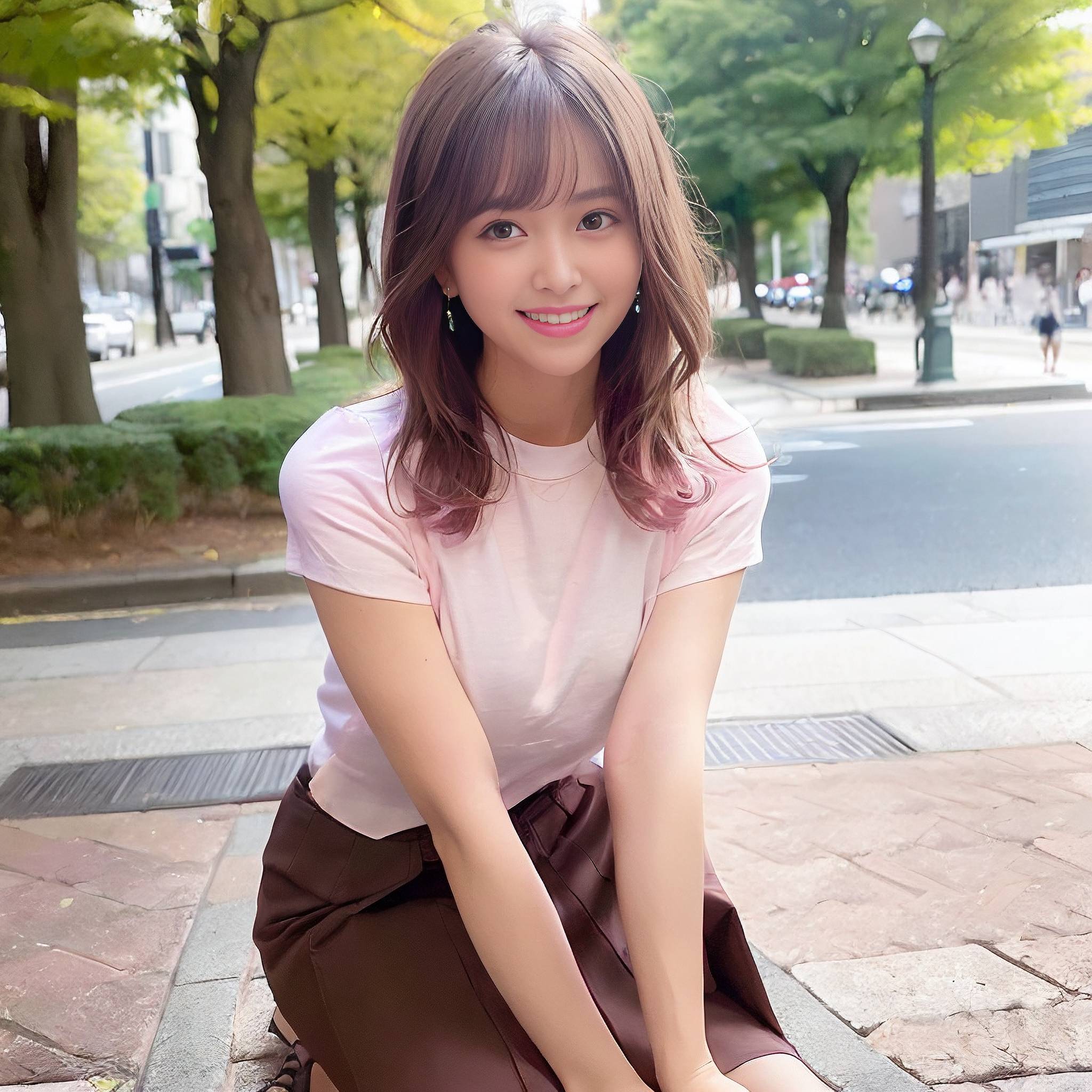 a young girl sitting on a sidewalk with a skateboard 