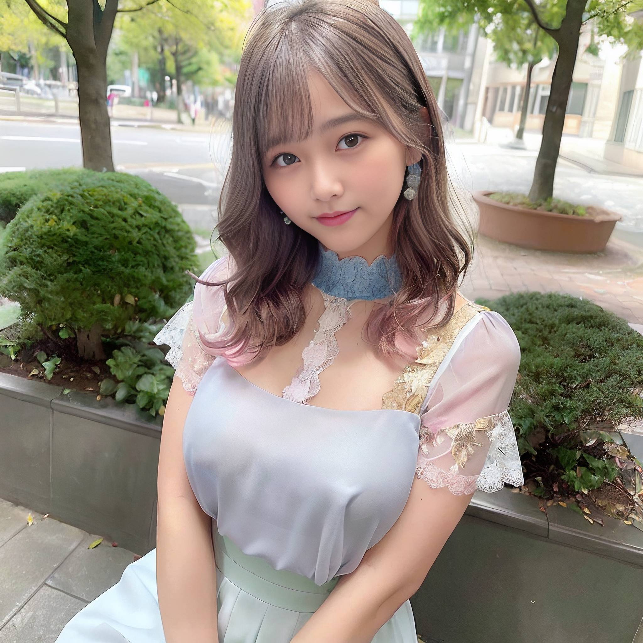 a young girl posing for a picture in front of a tree 