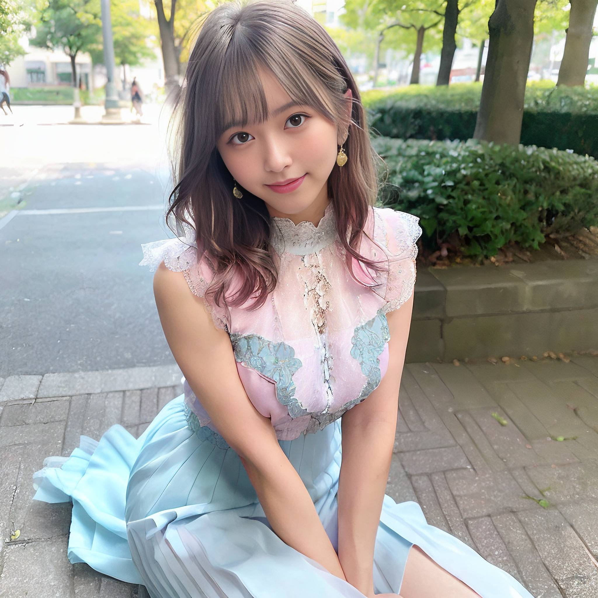a young girl posing for a picture on a park bench 