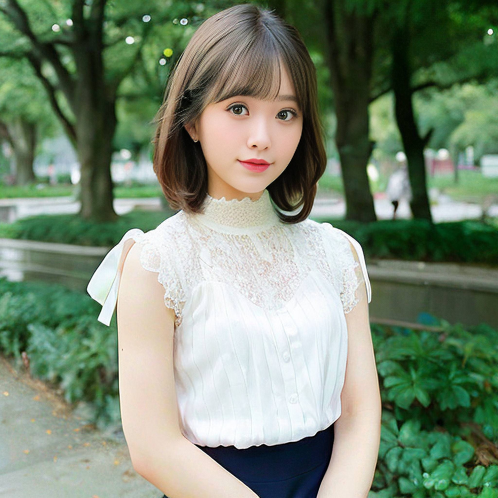 a young girl posing for a picture in a park 