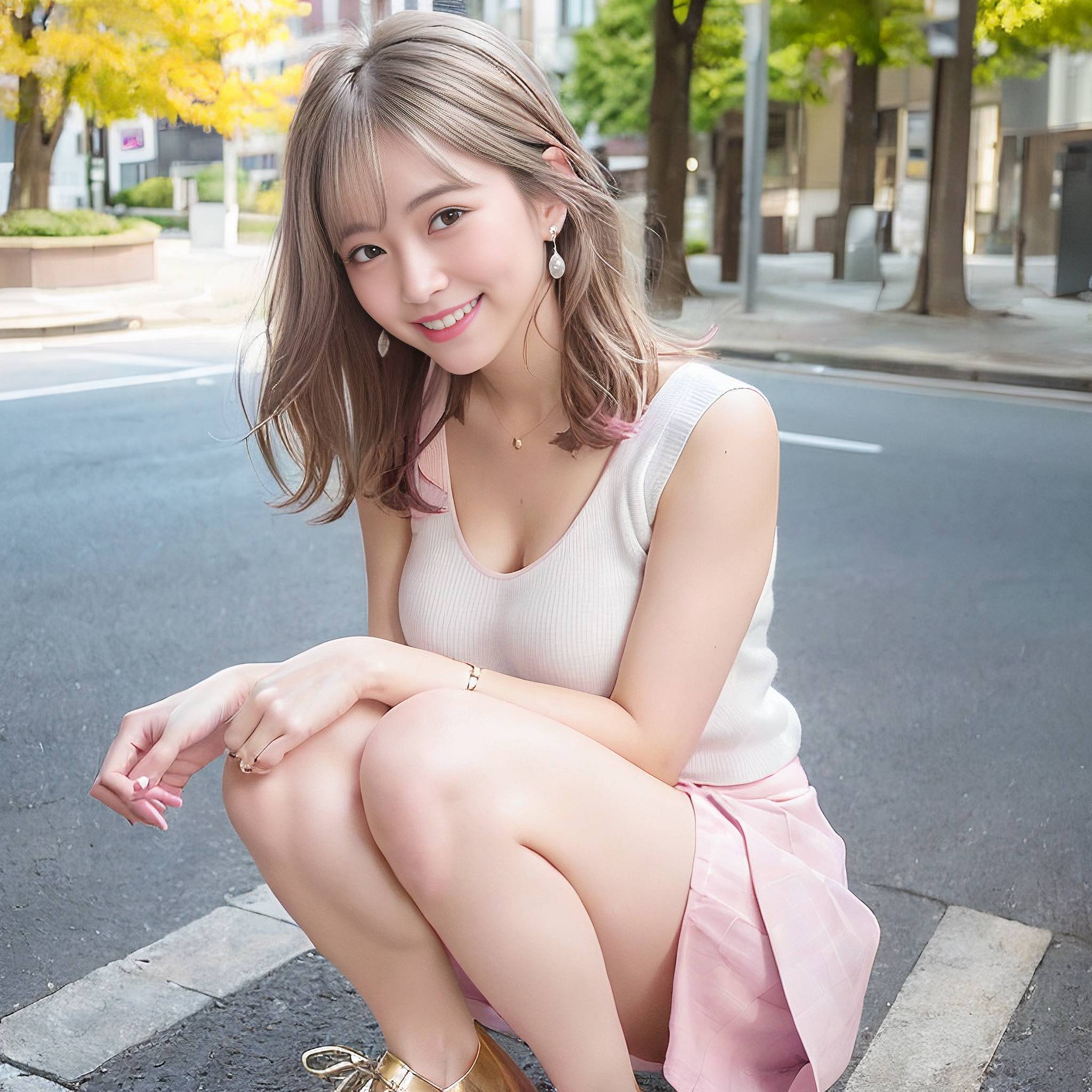 a young woman sitting on the side of a road 