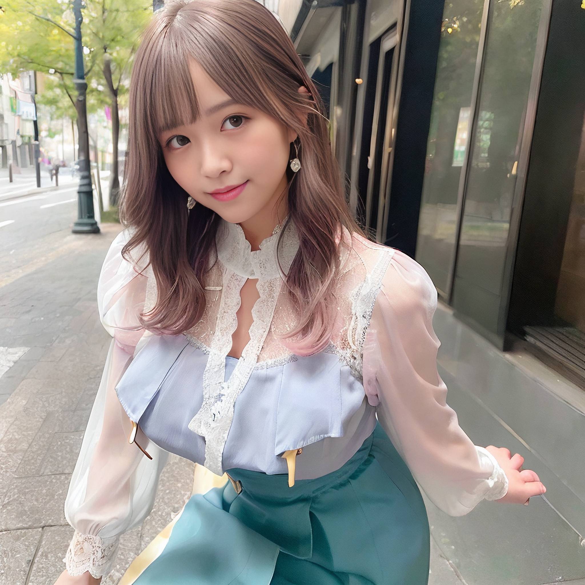a woman in a pink dress standing on a sidewalk 