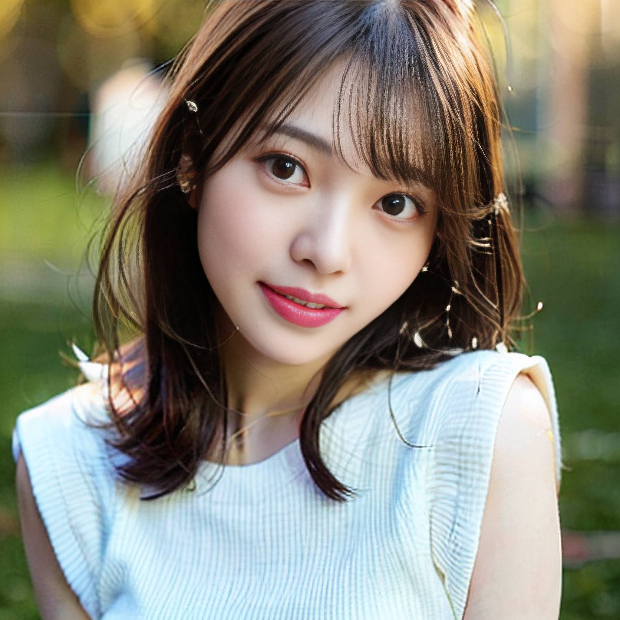 a beautiful young woman sitting on a lush green field 