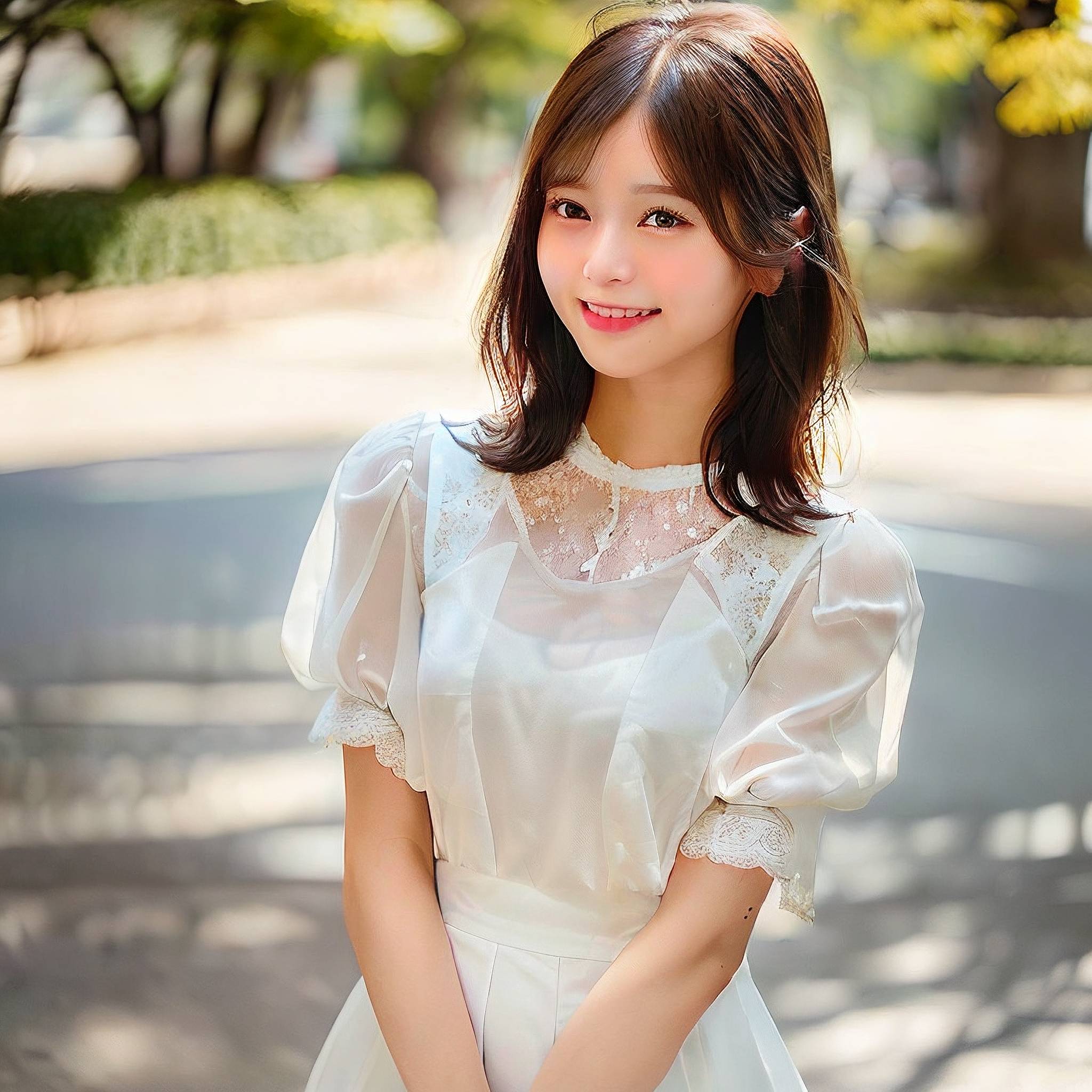 a young woman in a white dress posing for a picture 