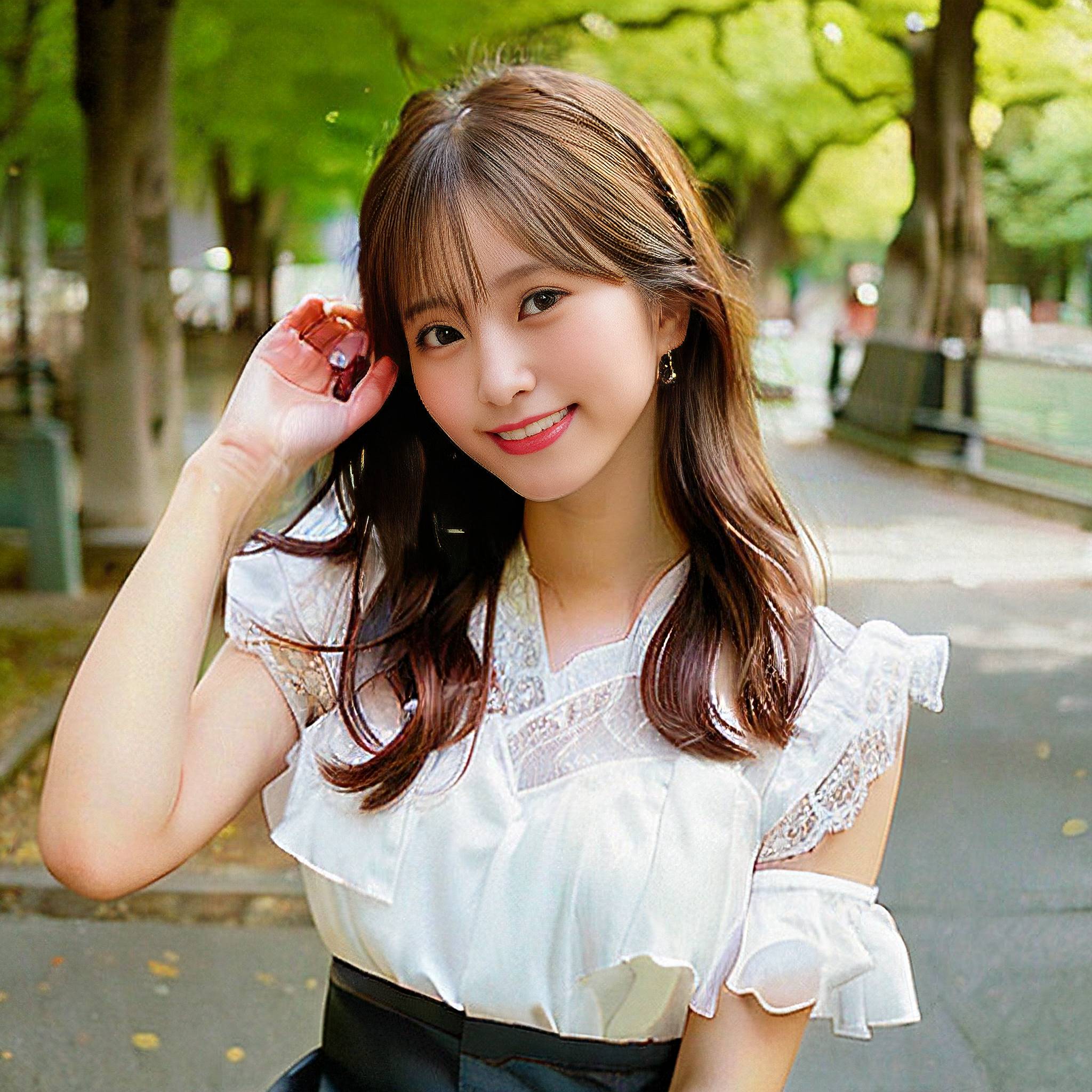 a woman is posing for a picture with a flower in her hand 