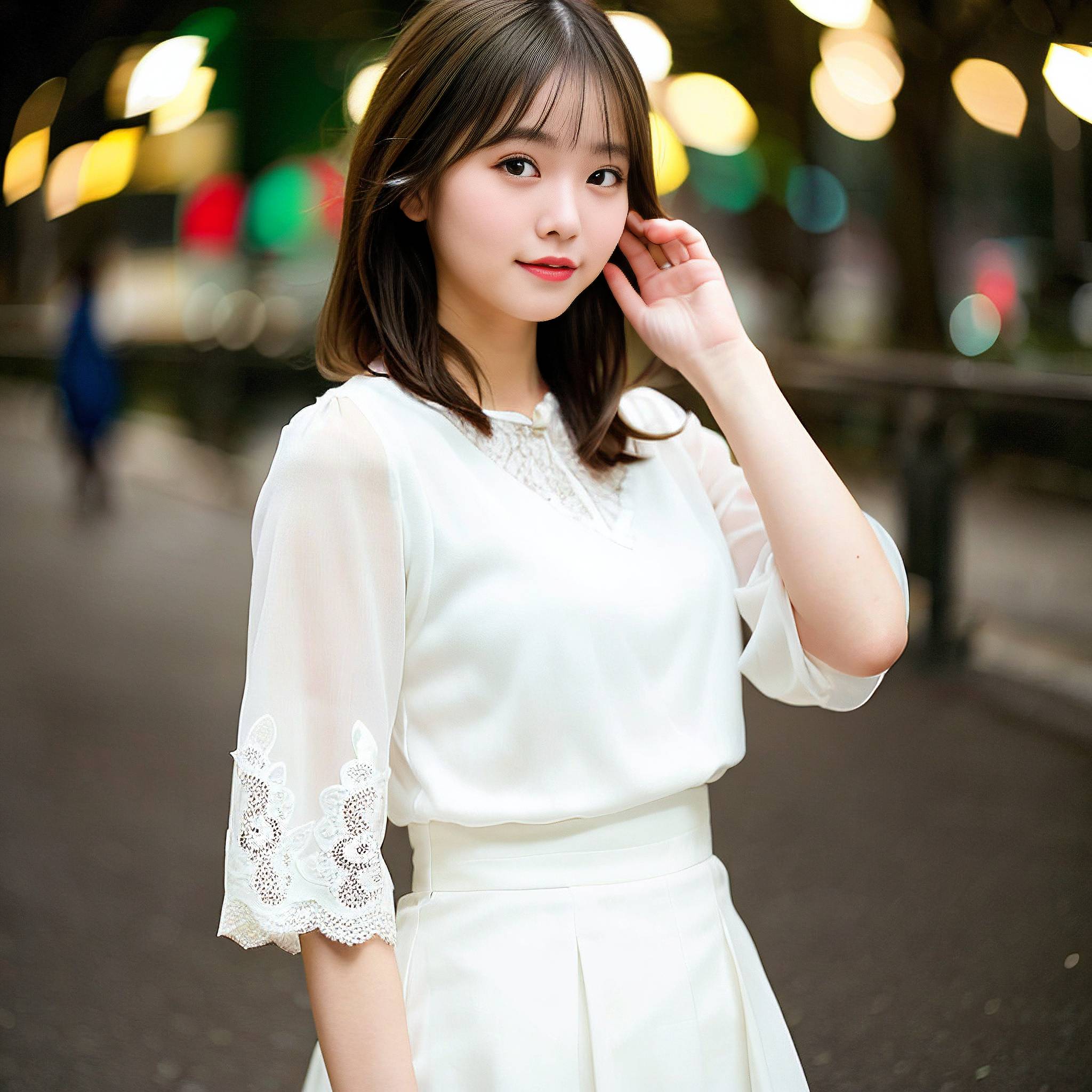 a woman in a white dress standing on a sidewalk 