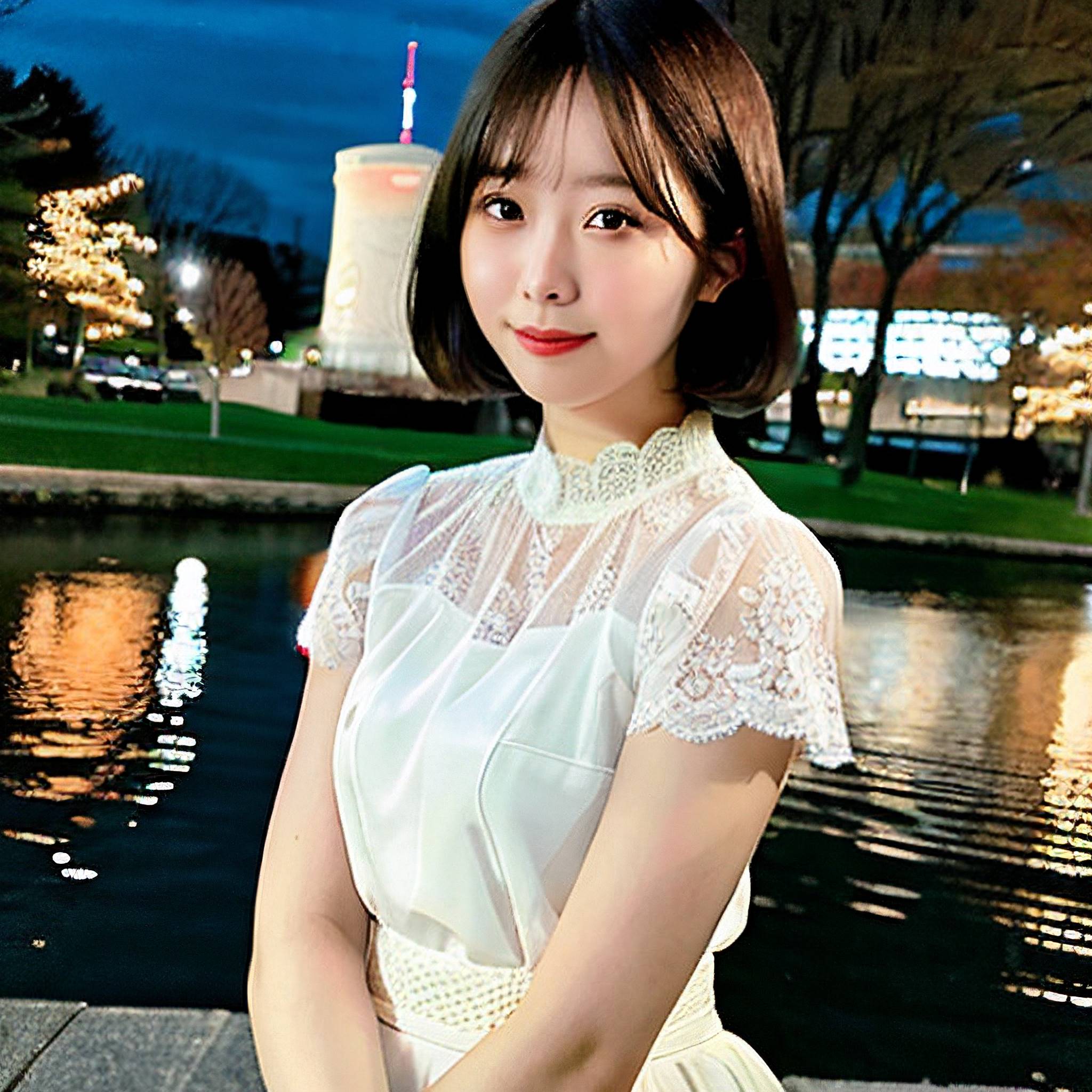 a beautiful young woman posing for a picture in front of a river 