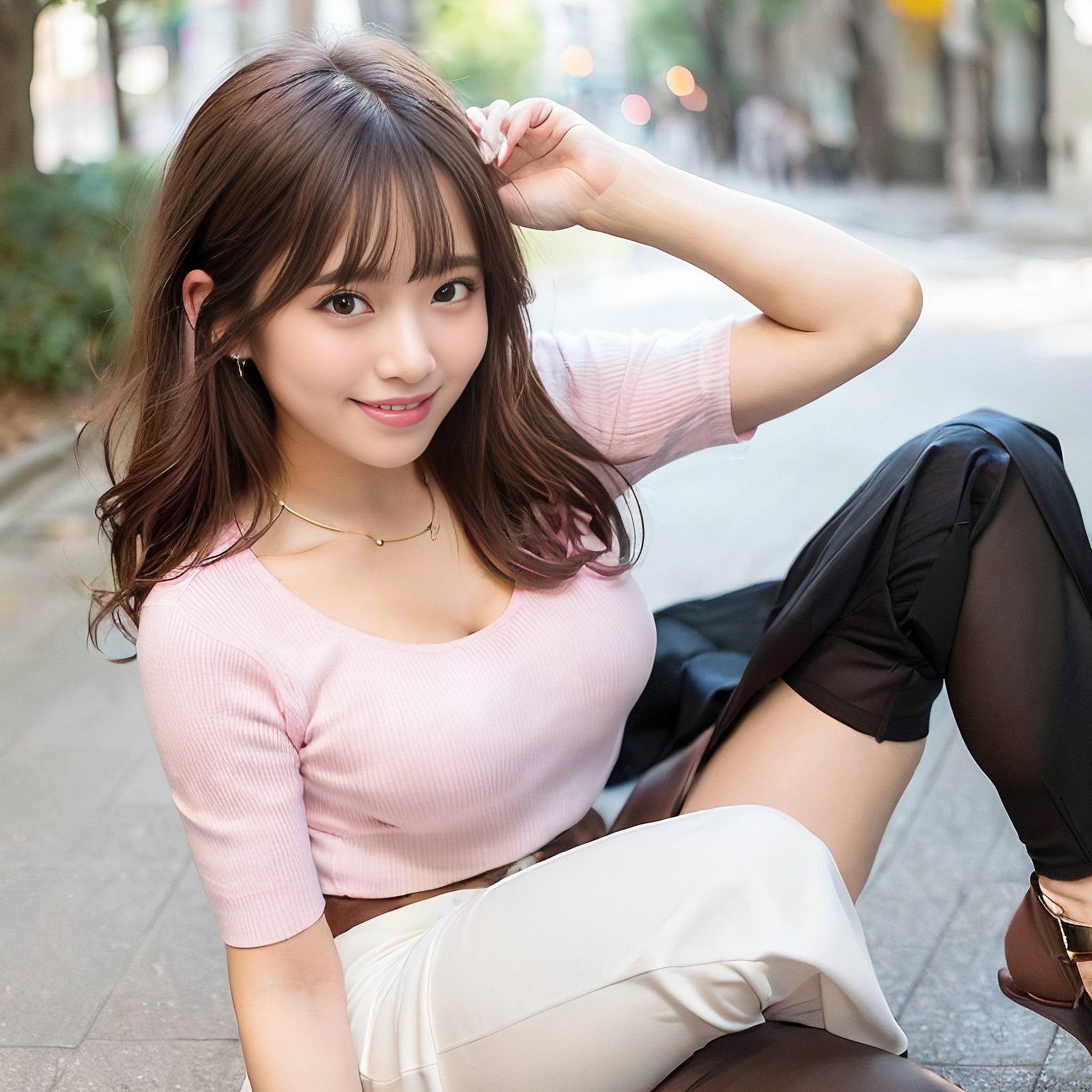 a woman is sitting on the sidewalk with her legs crossed 