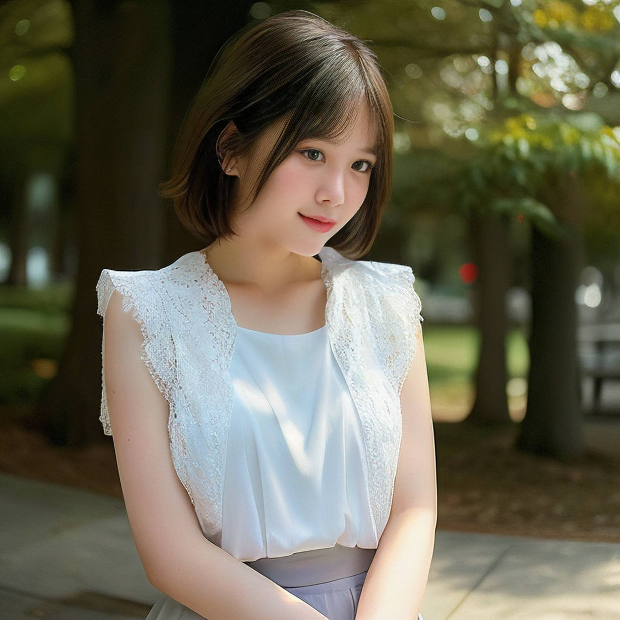 a beautiful young woman standing in front of a tree 