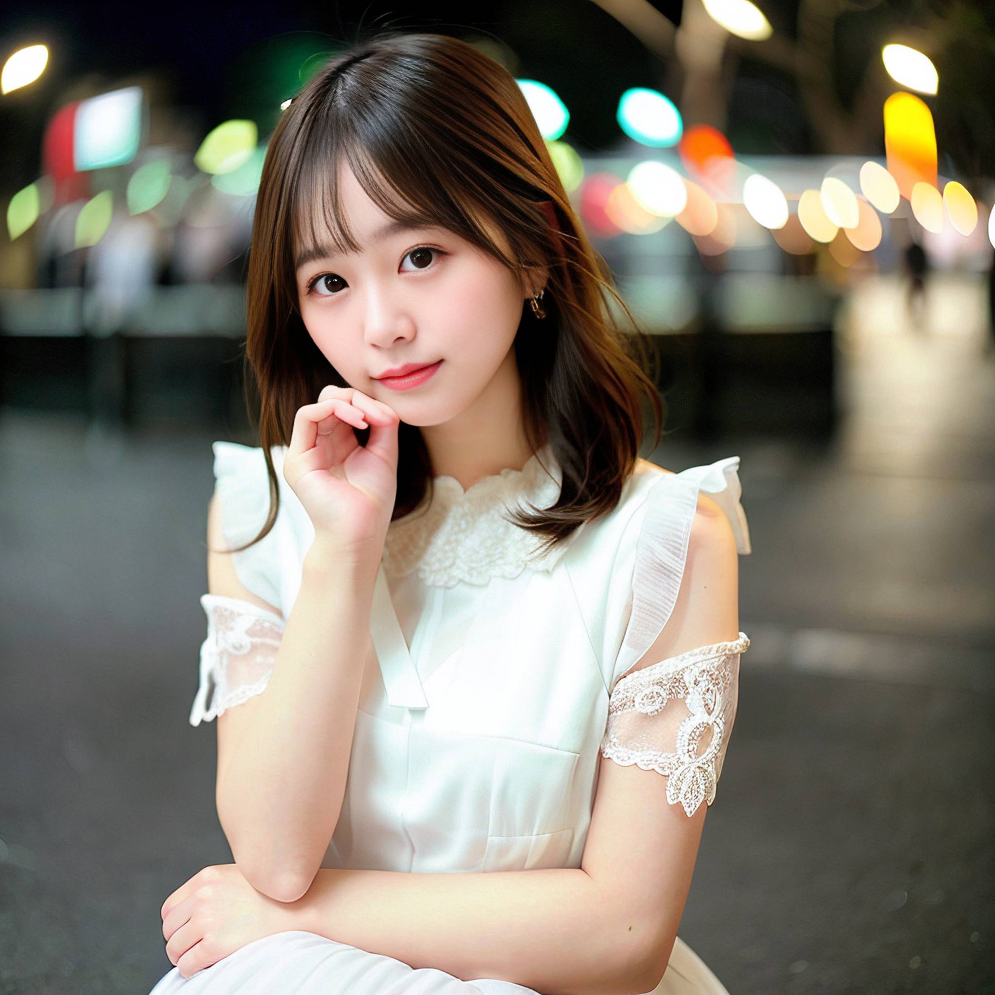a beautiful young lady sitting on a sidewalk with a cell phone 