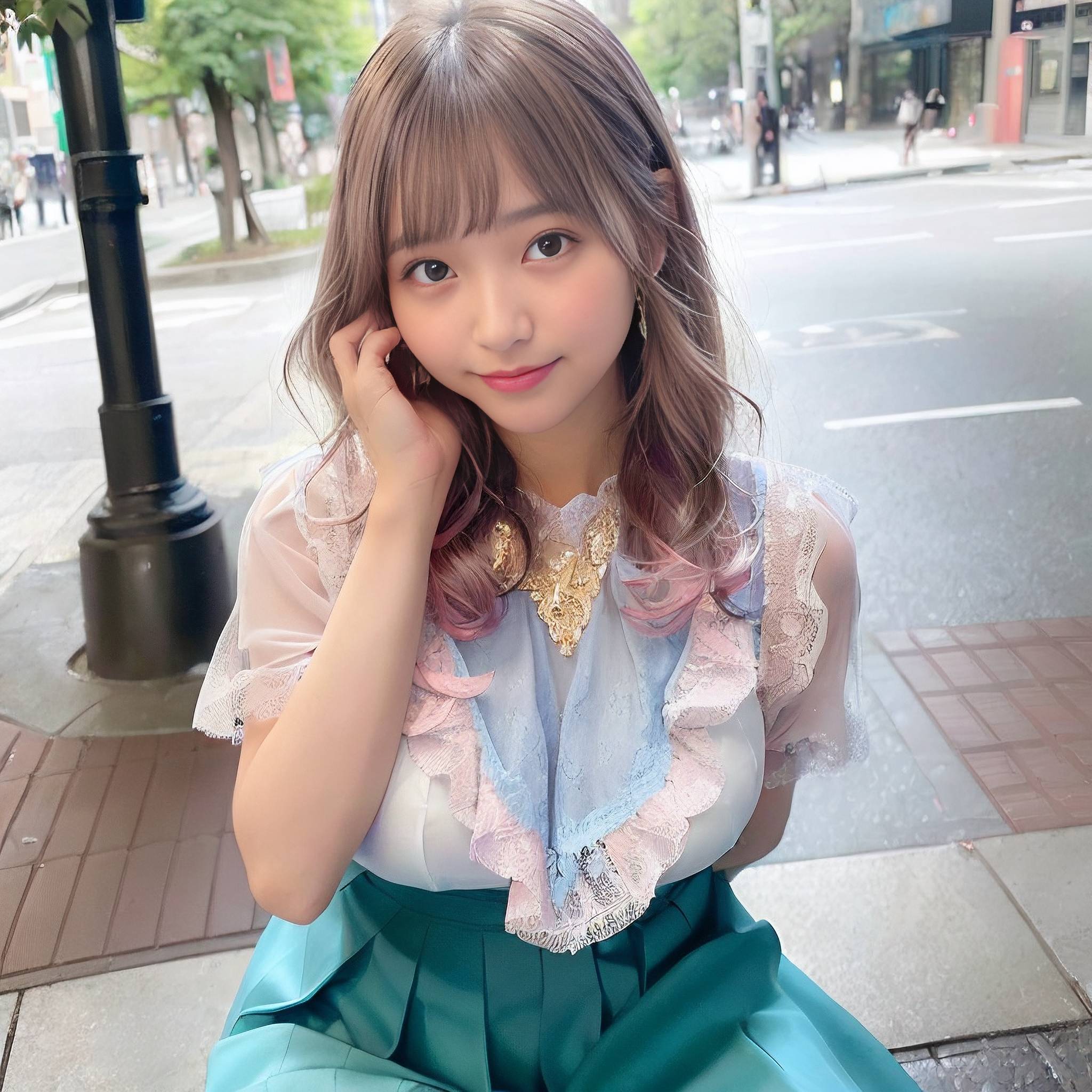 a young girl is posing for a picture on a cell phone 