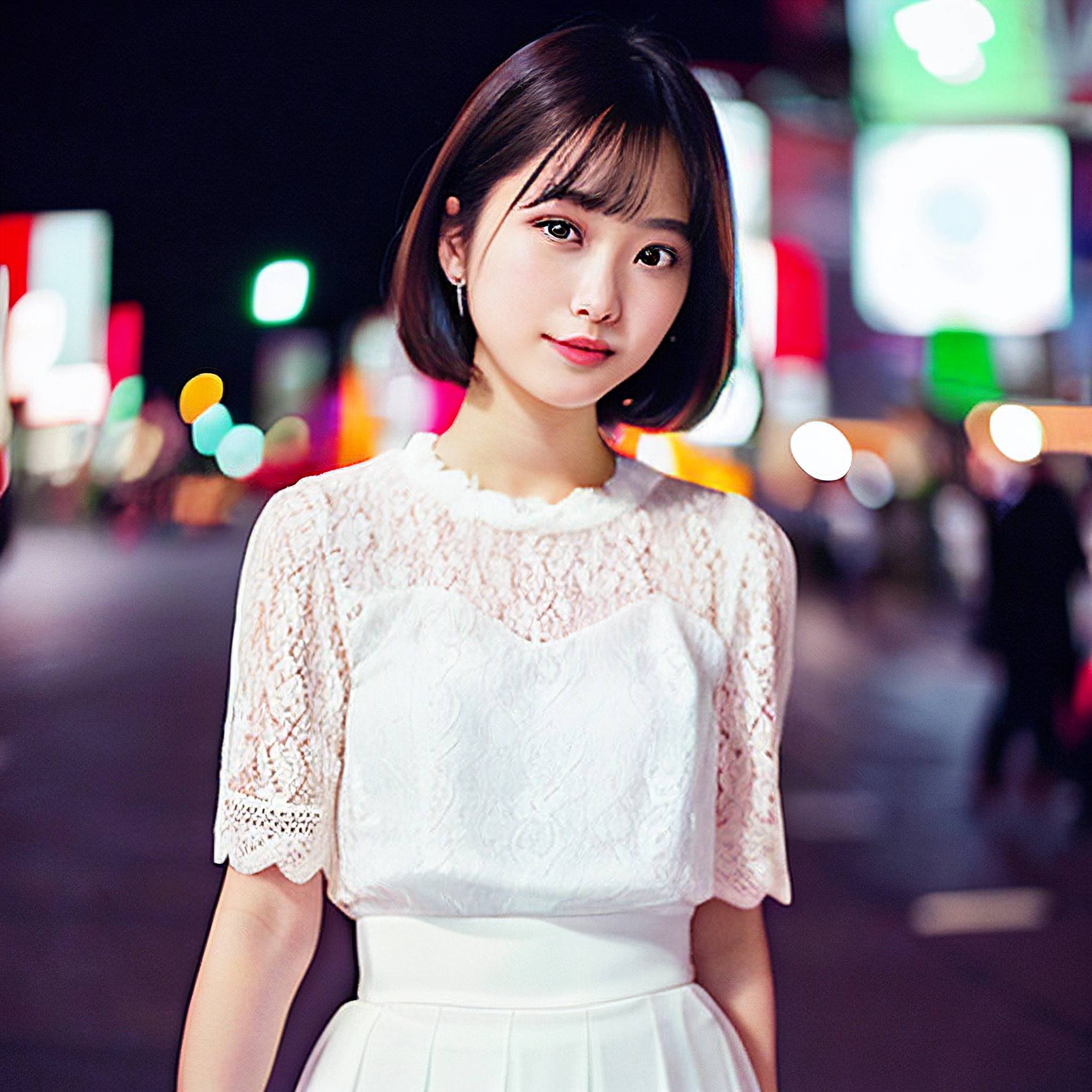 a woman in a white dress standing on a street 