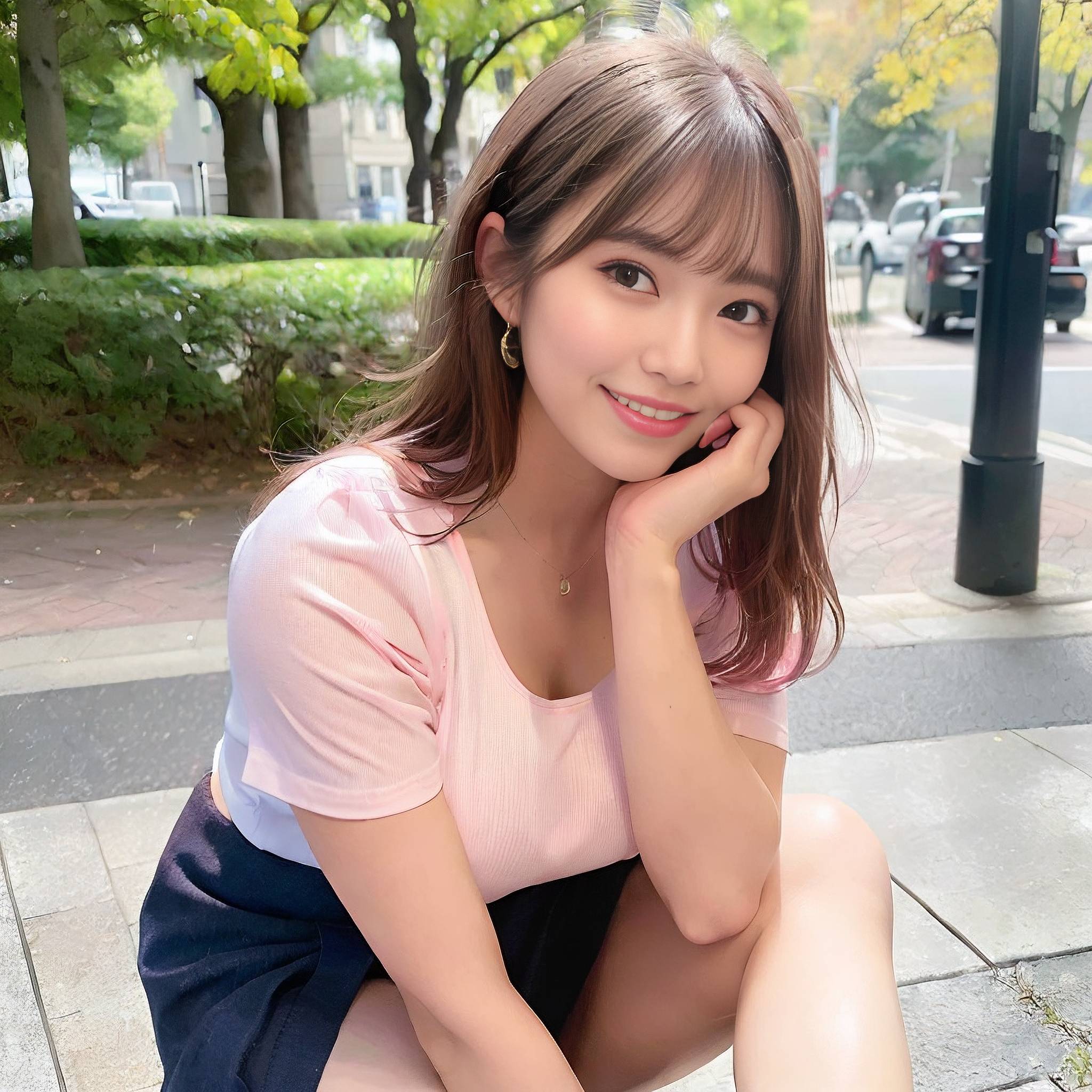 a pretty young lady sitting on a sidewalk 