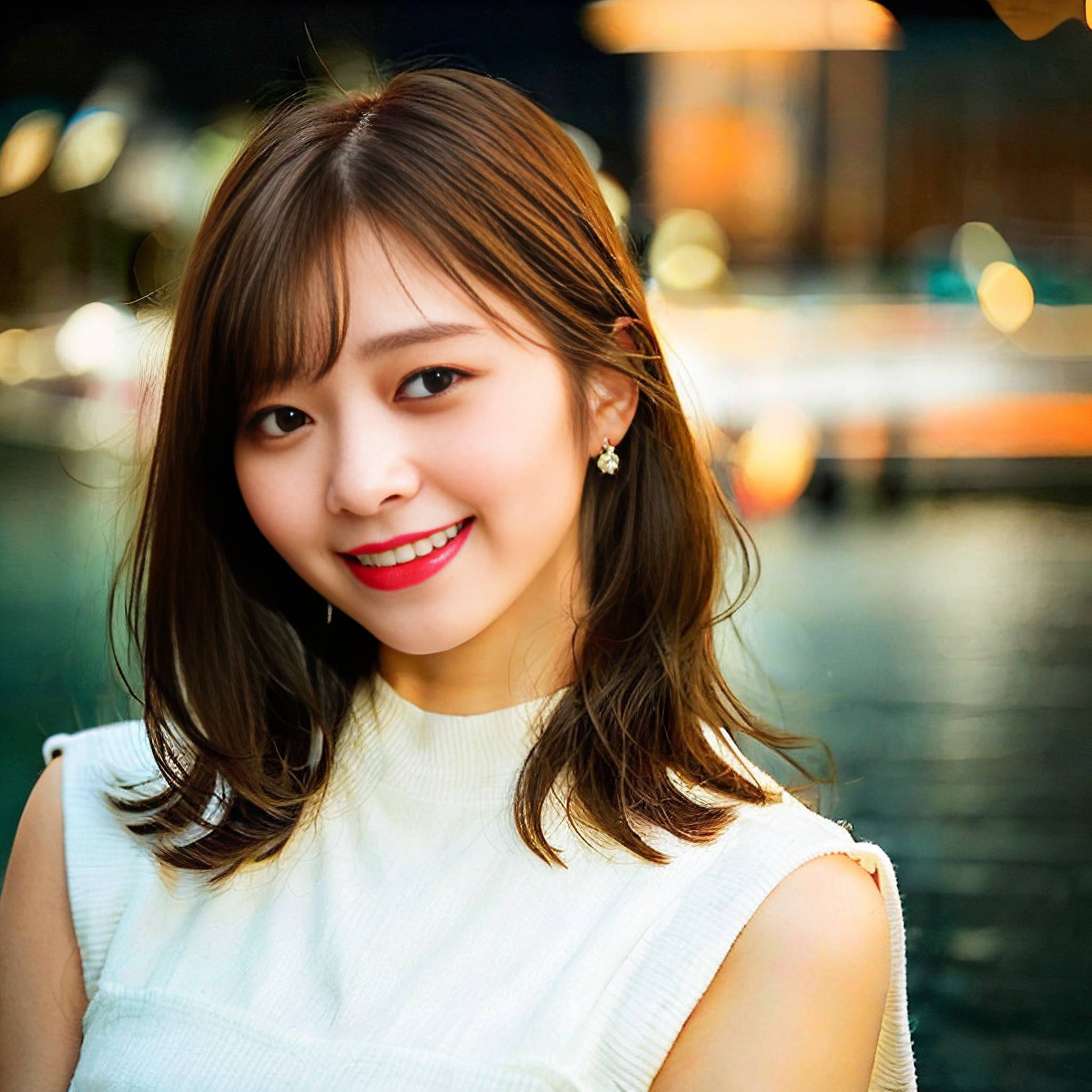 a beautiful young woman posing for a picture in front of the water 