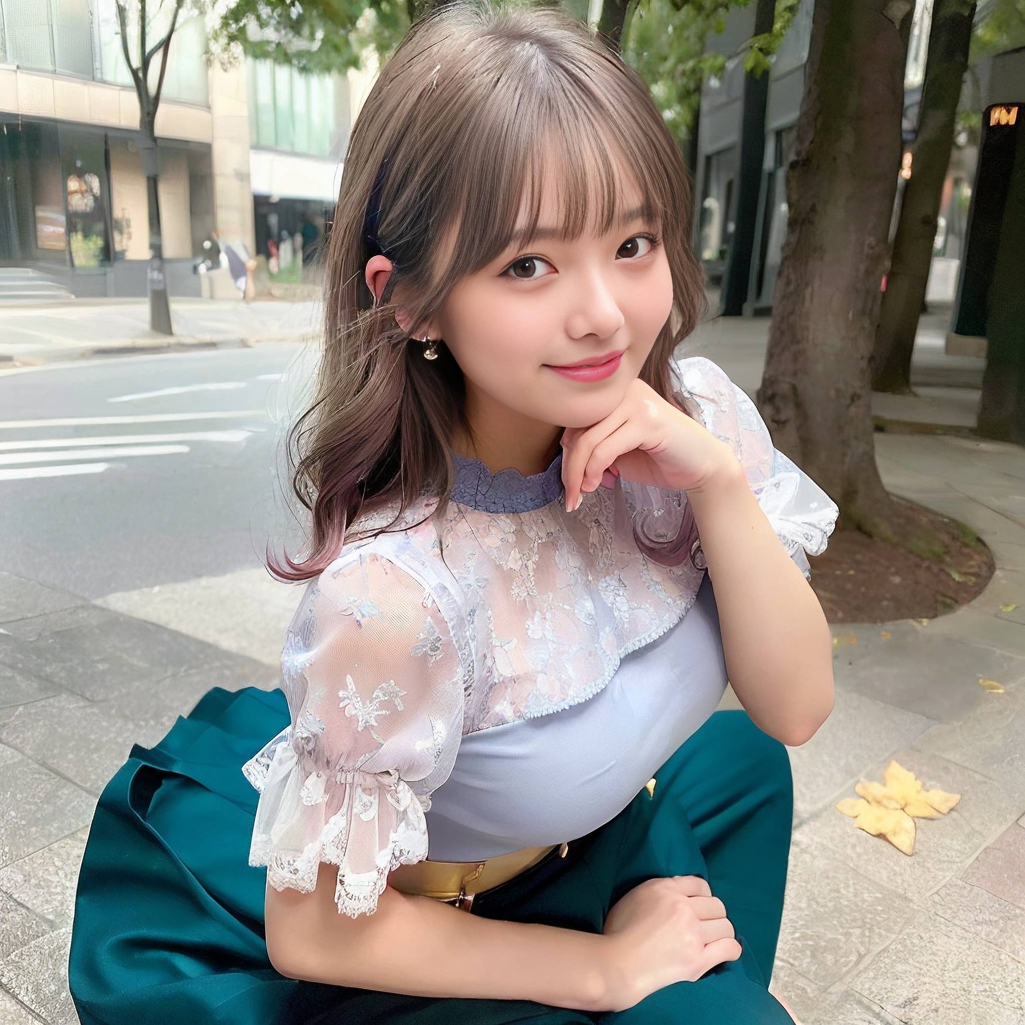 a young girl sitting on a sidewalk eating a donut 