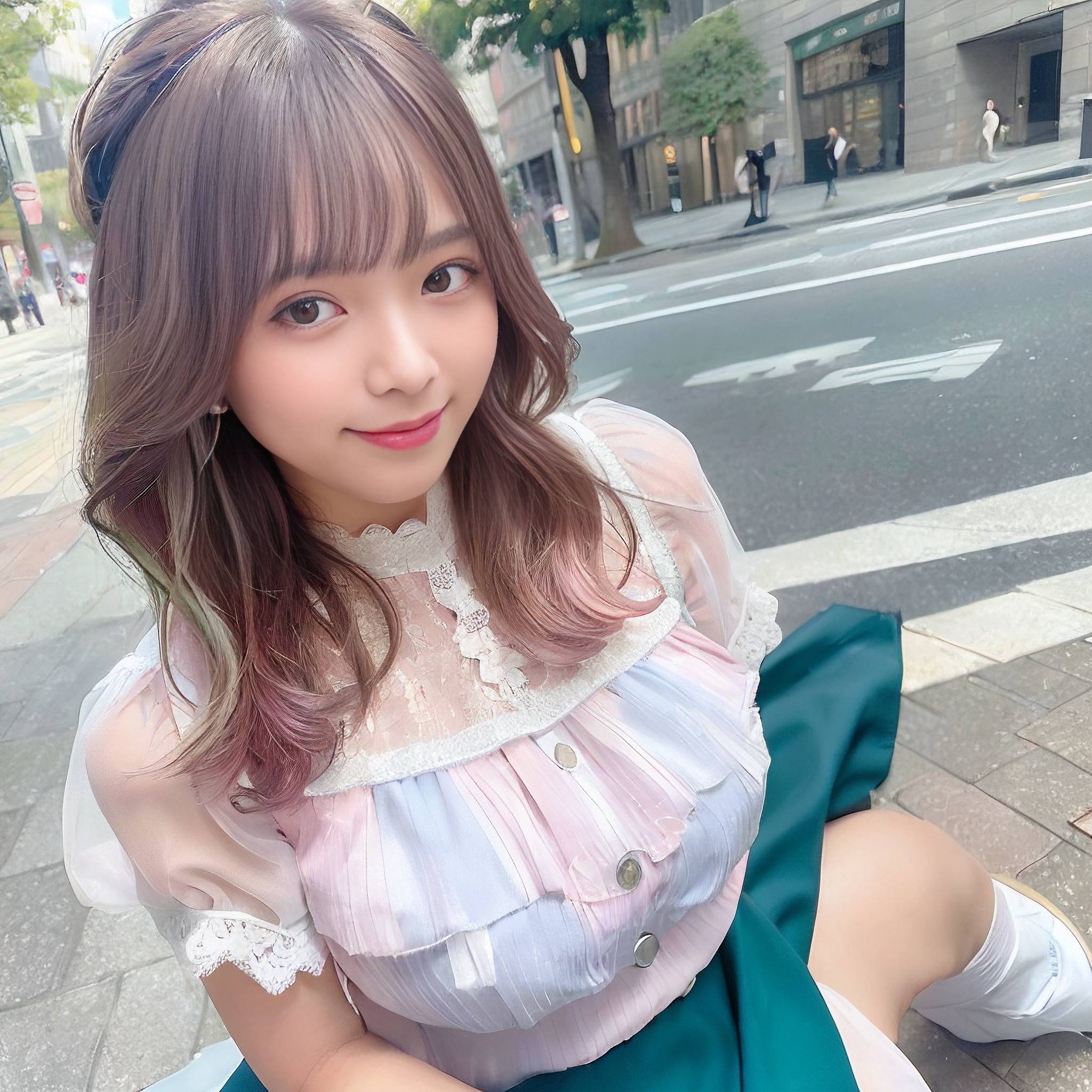 a young girl in a pink dress standing on a sidewalk 