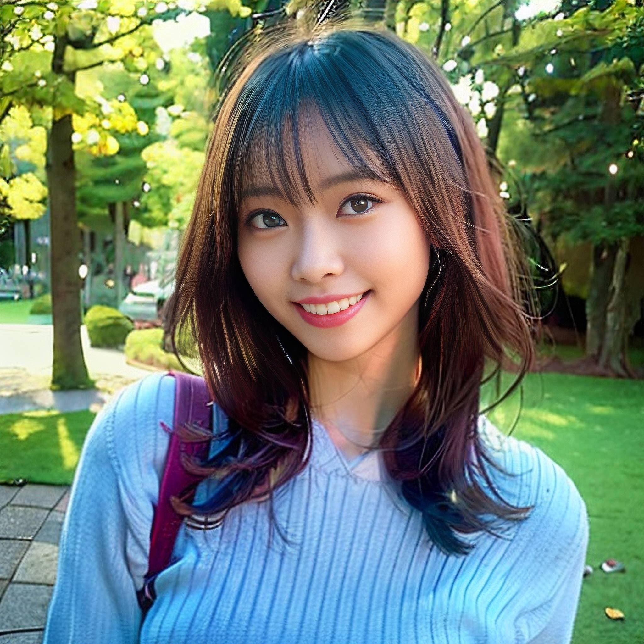 a woman in a blue shirt posing for a picture 