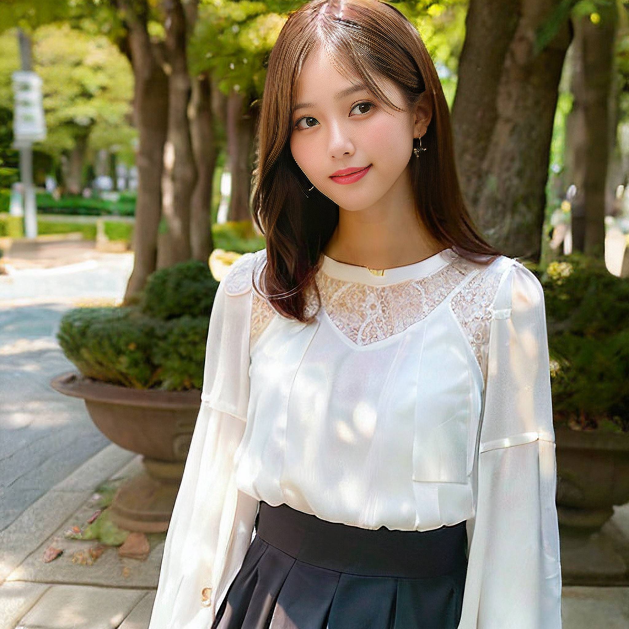 a young woman in a dress standing next to a tree 