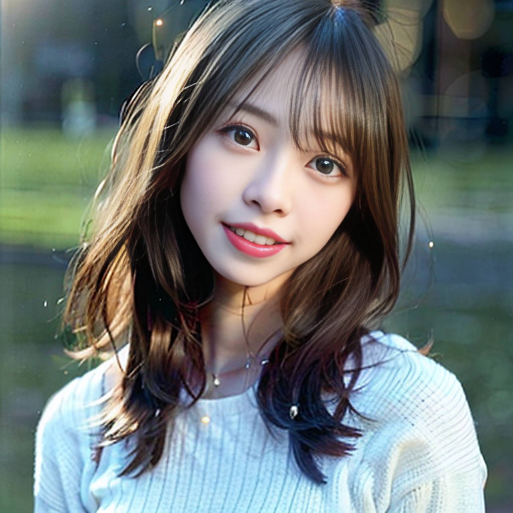 a woman is smiling while looking at the camera 