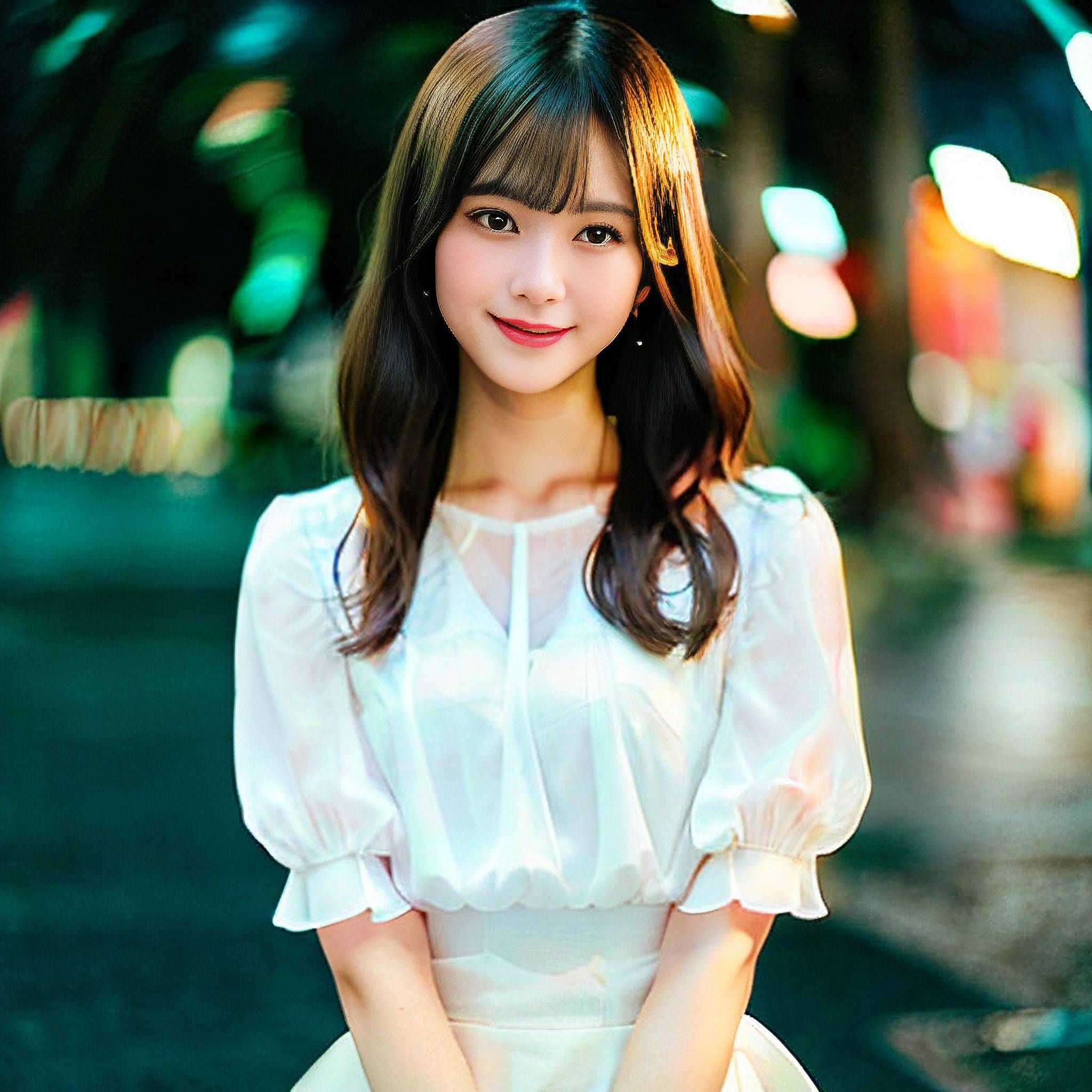a woman in a white dress standing on a sidewalk 