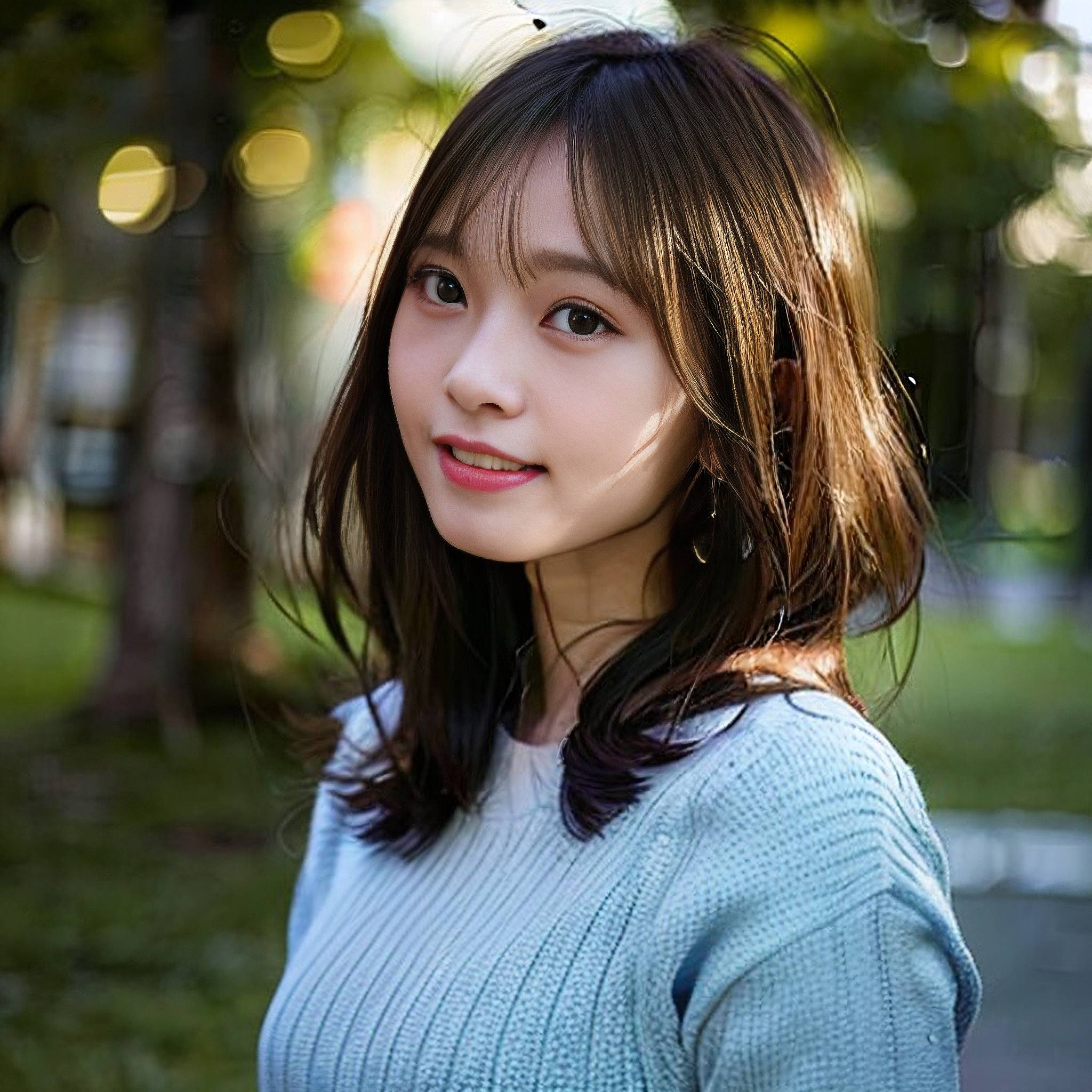 a beautiful young woman standing in the middle of a park 