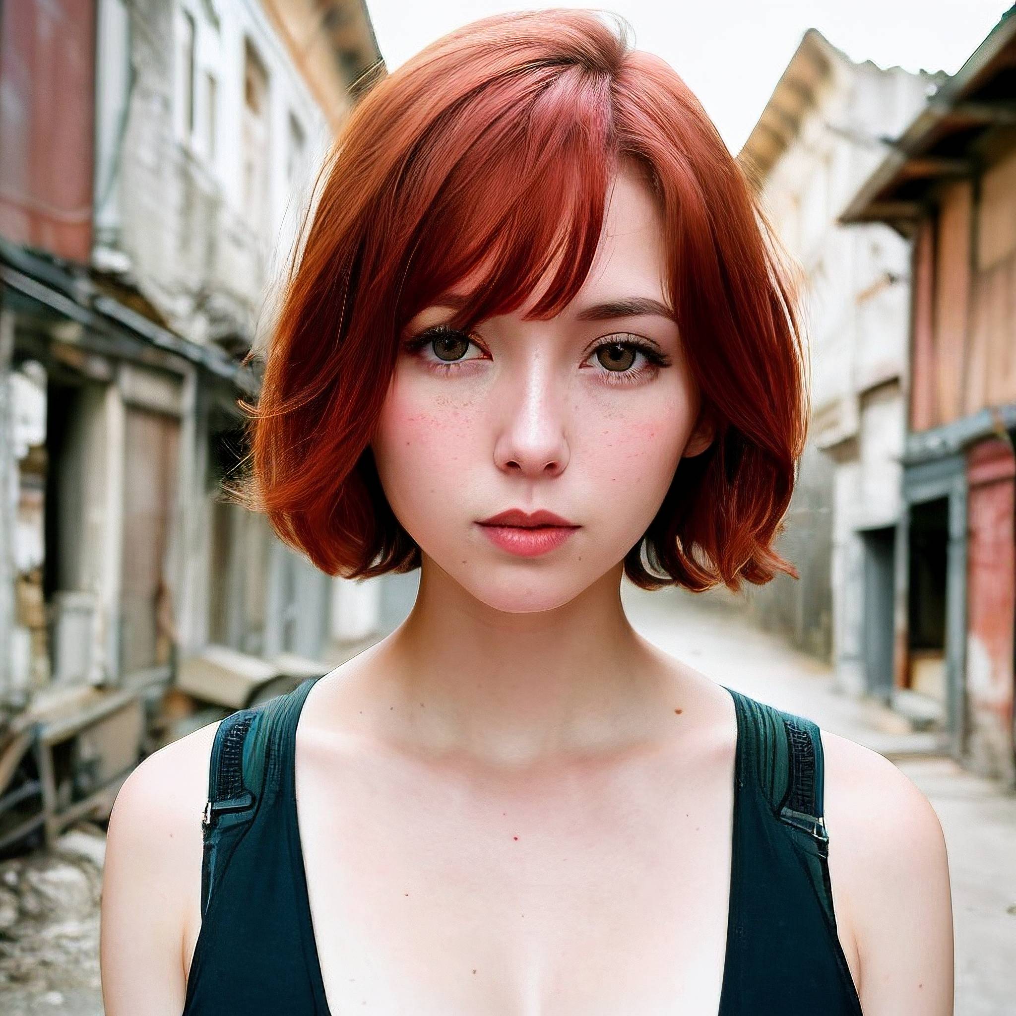 a woman with long hair standing in front of a building 