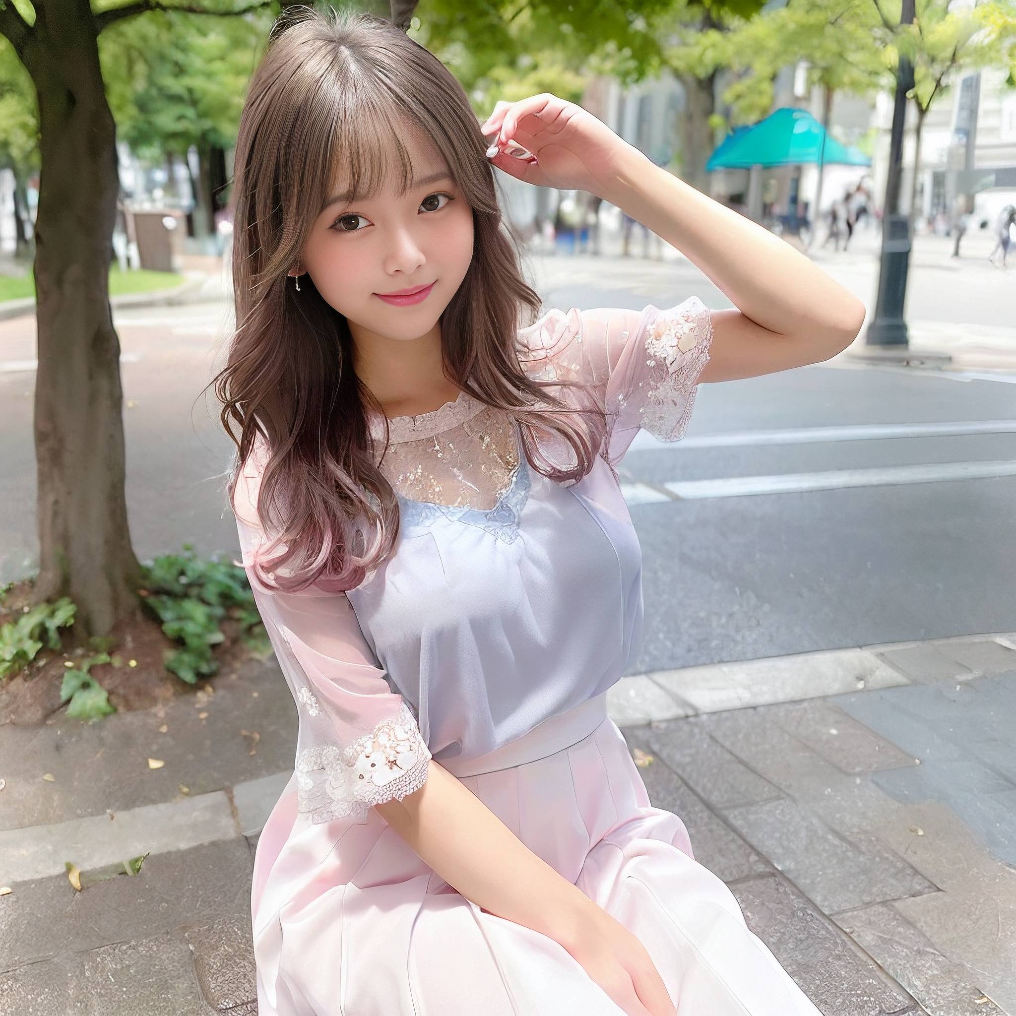 a young girl in a pink dress holding a pink flower 