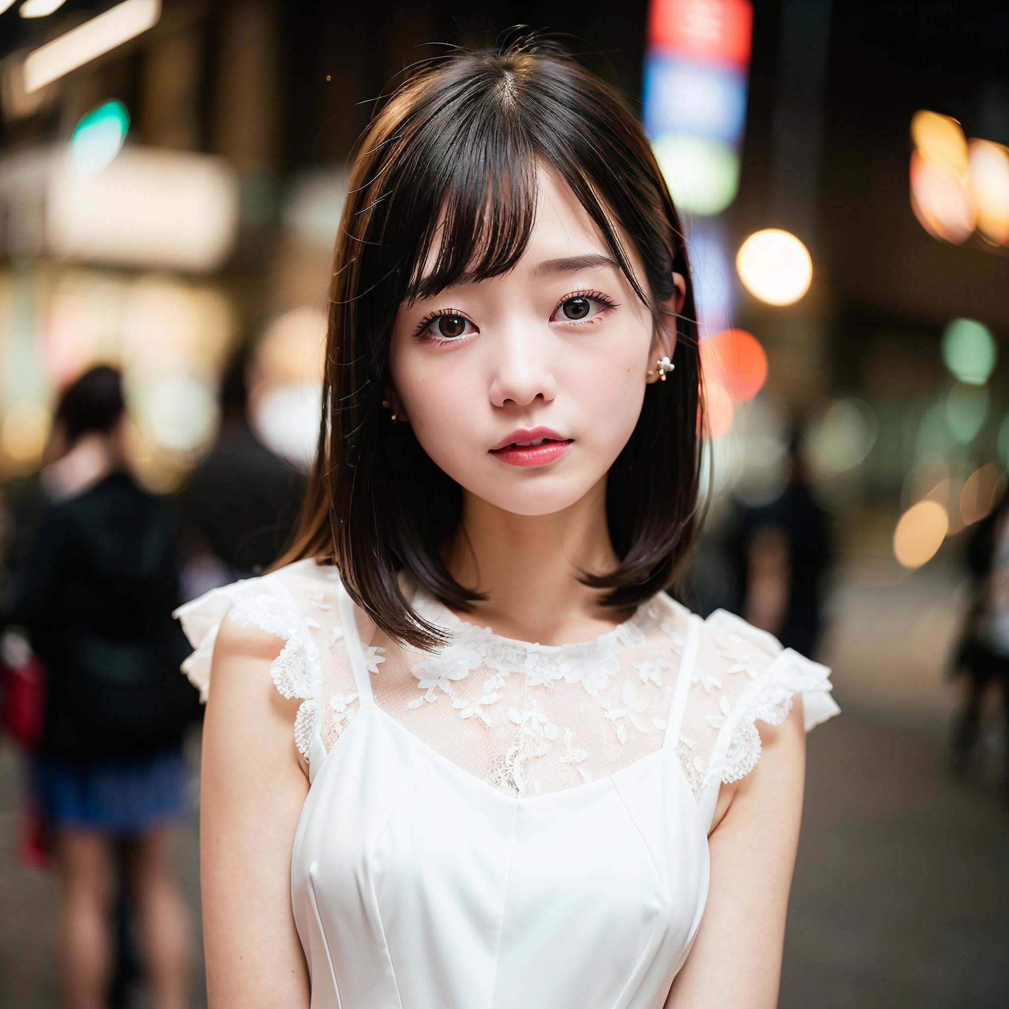 a beautiful young woman standing in the middle of a street 