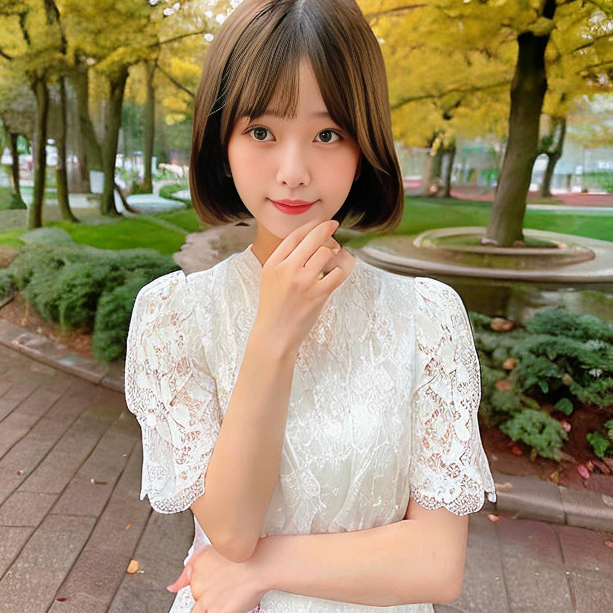 a young woman is posing for a picture in front of a tree 