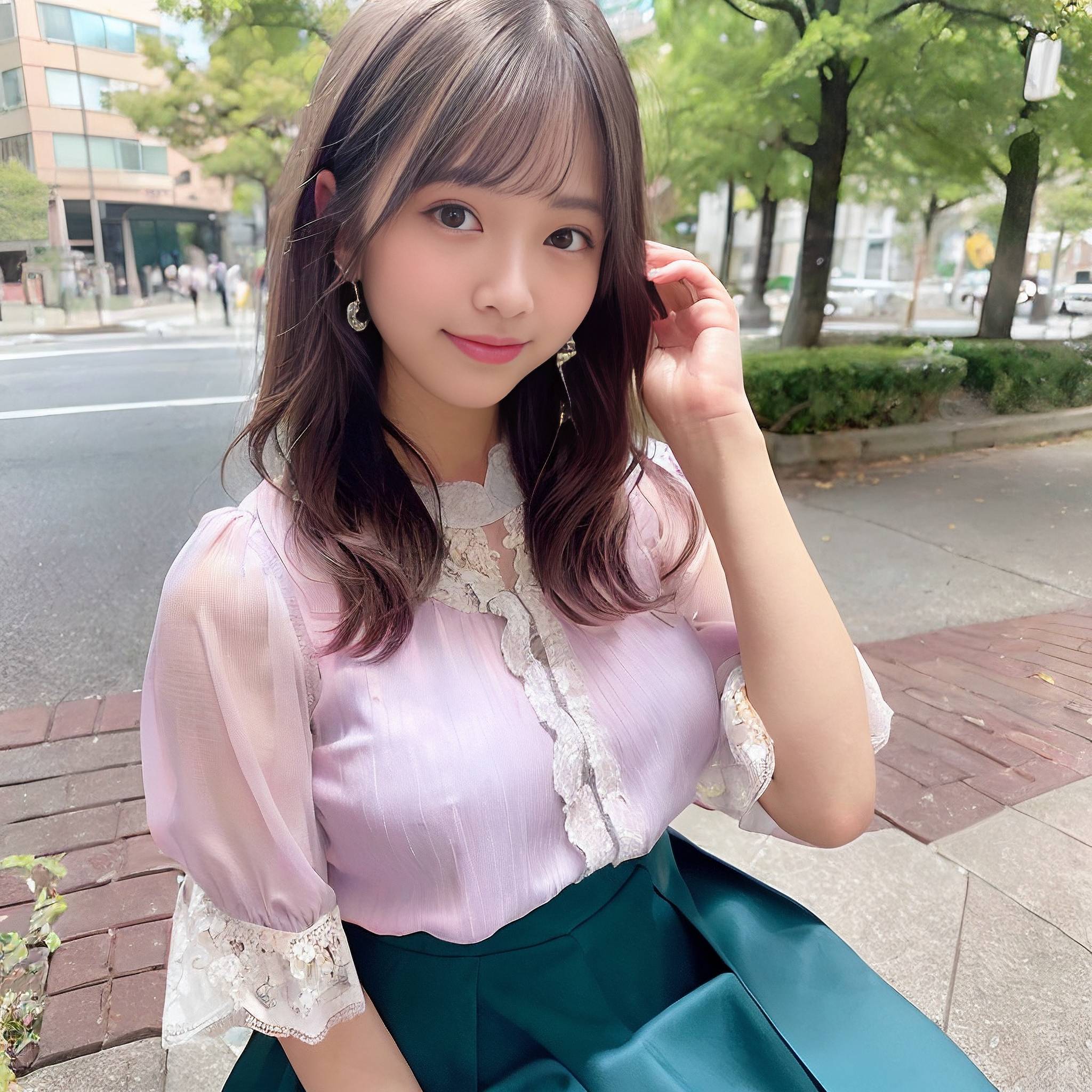 a young woman in a blue dress holding a purple flower 
