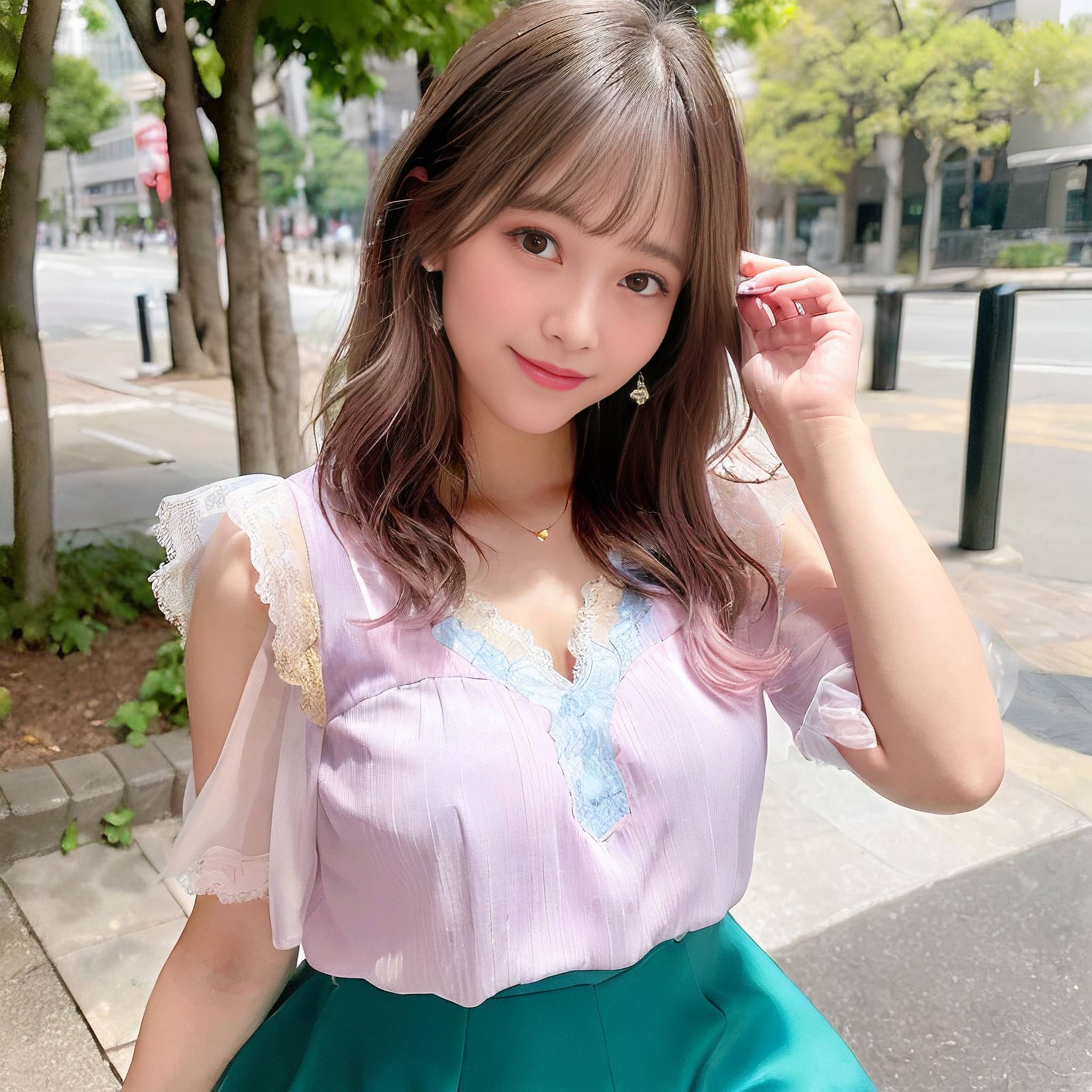 a woman in a pink dress holding a cell phone 