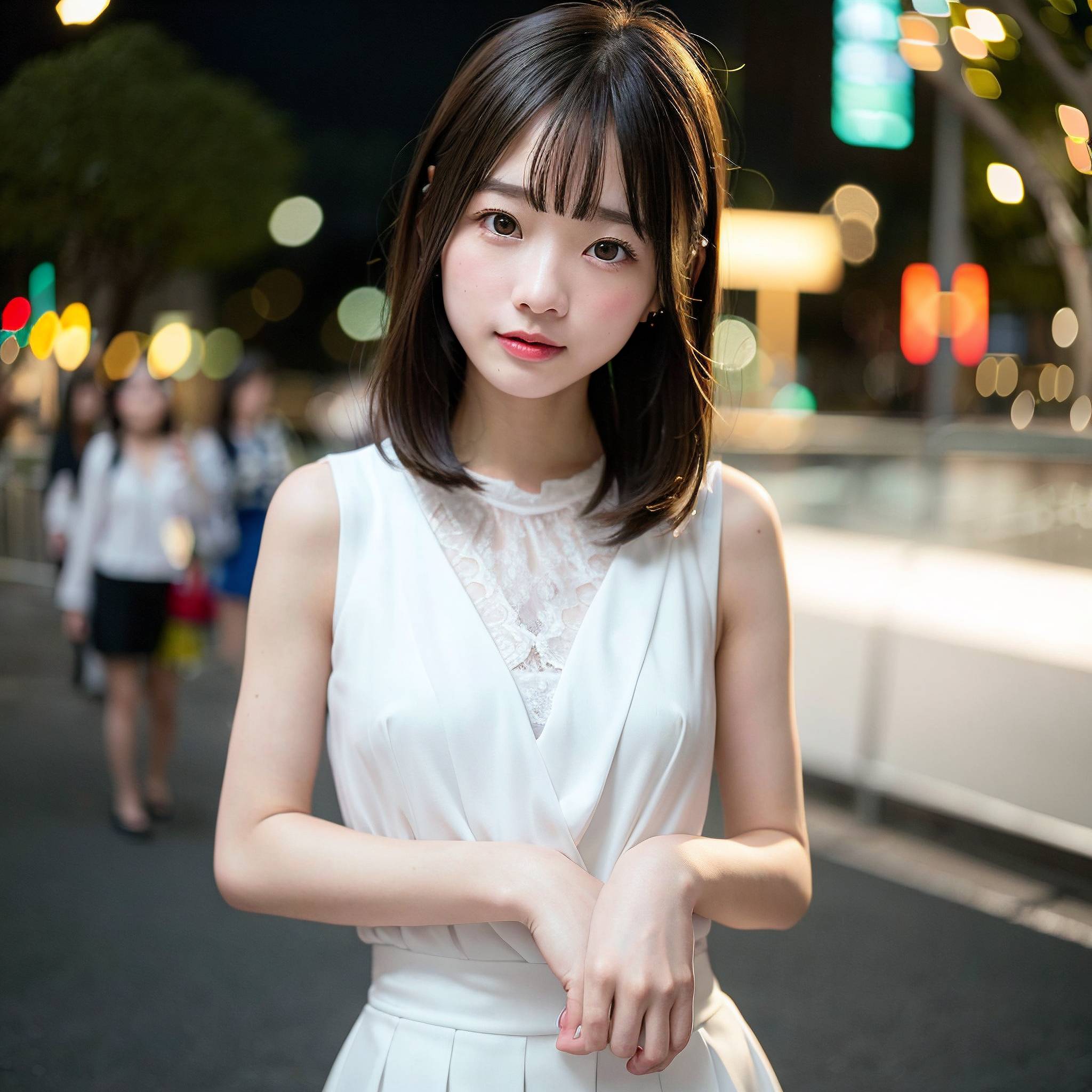 a woman in a white dress standing on a sidewalk 