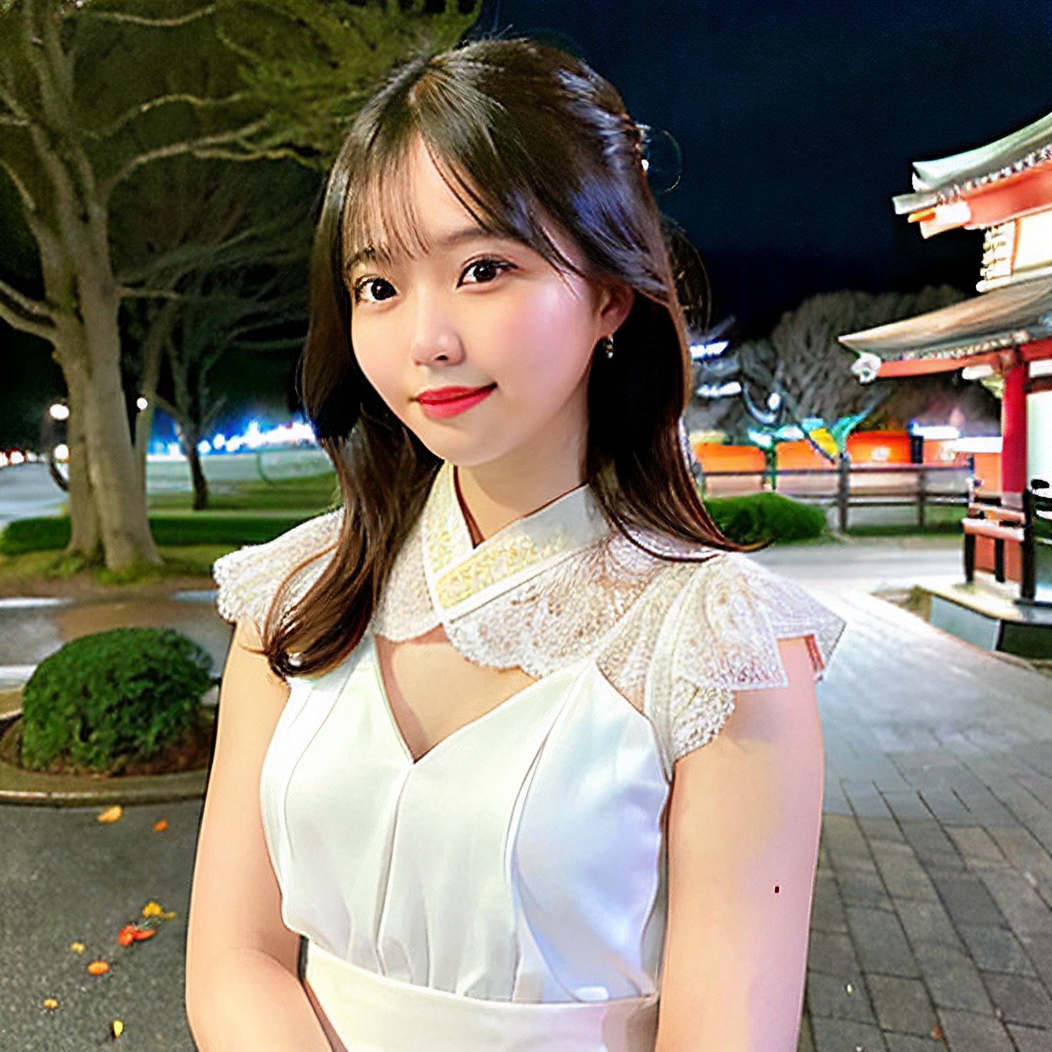 a young woman in a white dress posing for a picture 