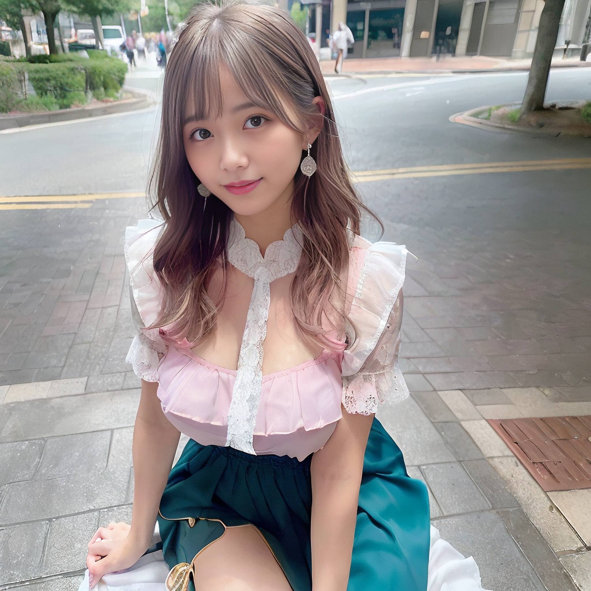 a young woman is posing for a picture on the sidewalk 