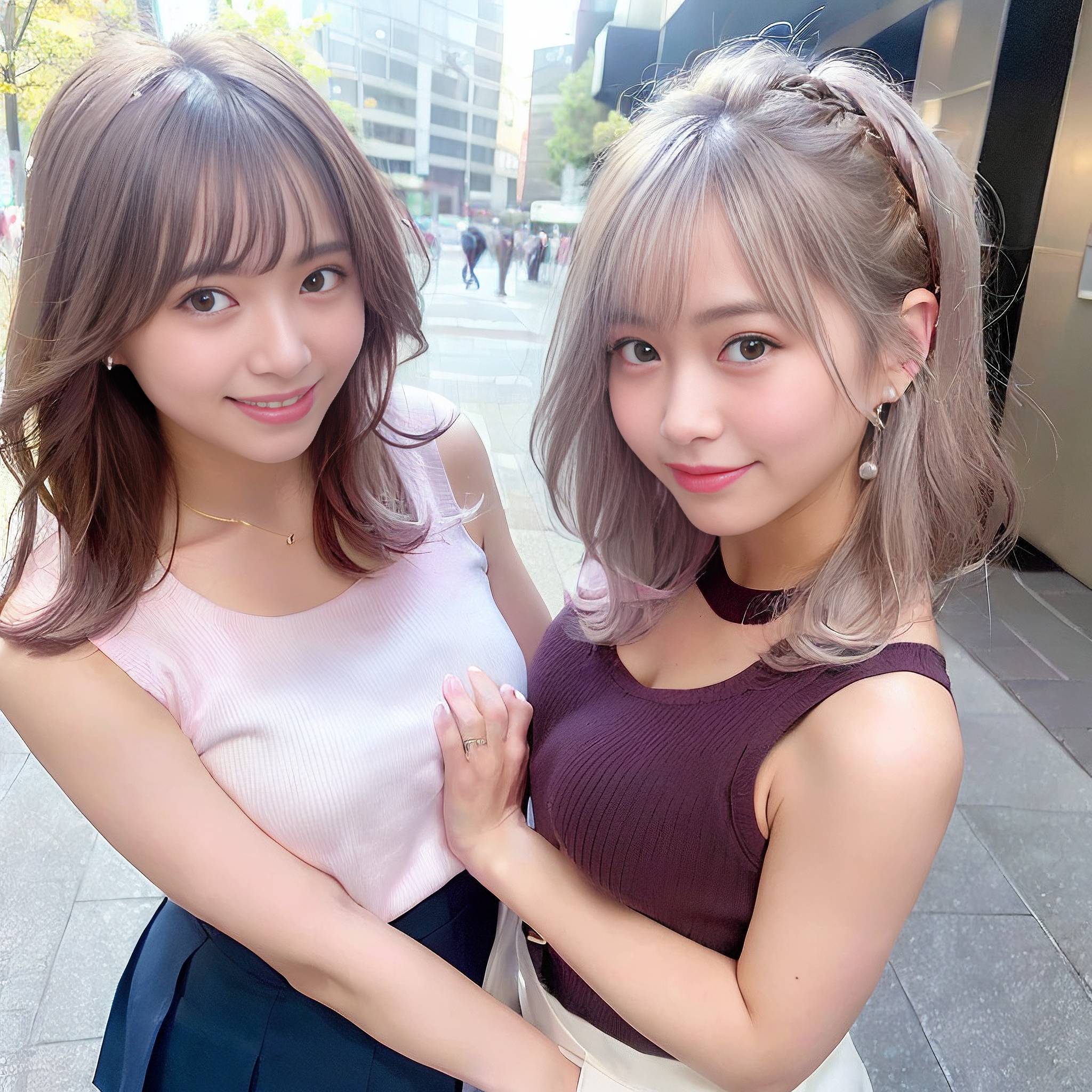two girls posing for a picture in front of a building 