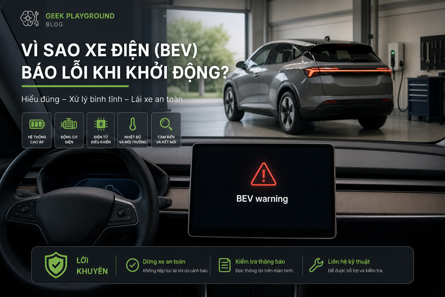 Màn hình xe điện hiển thị cảnh báo BEV khi khởi động