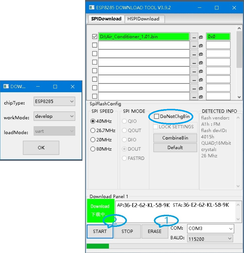 ESP8285 Download Tool với firmware máy lạnh và địa chỉ flash 0x0