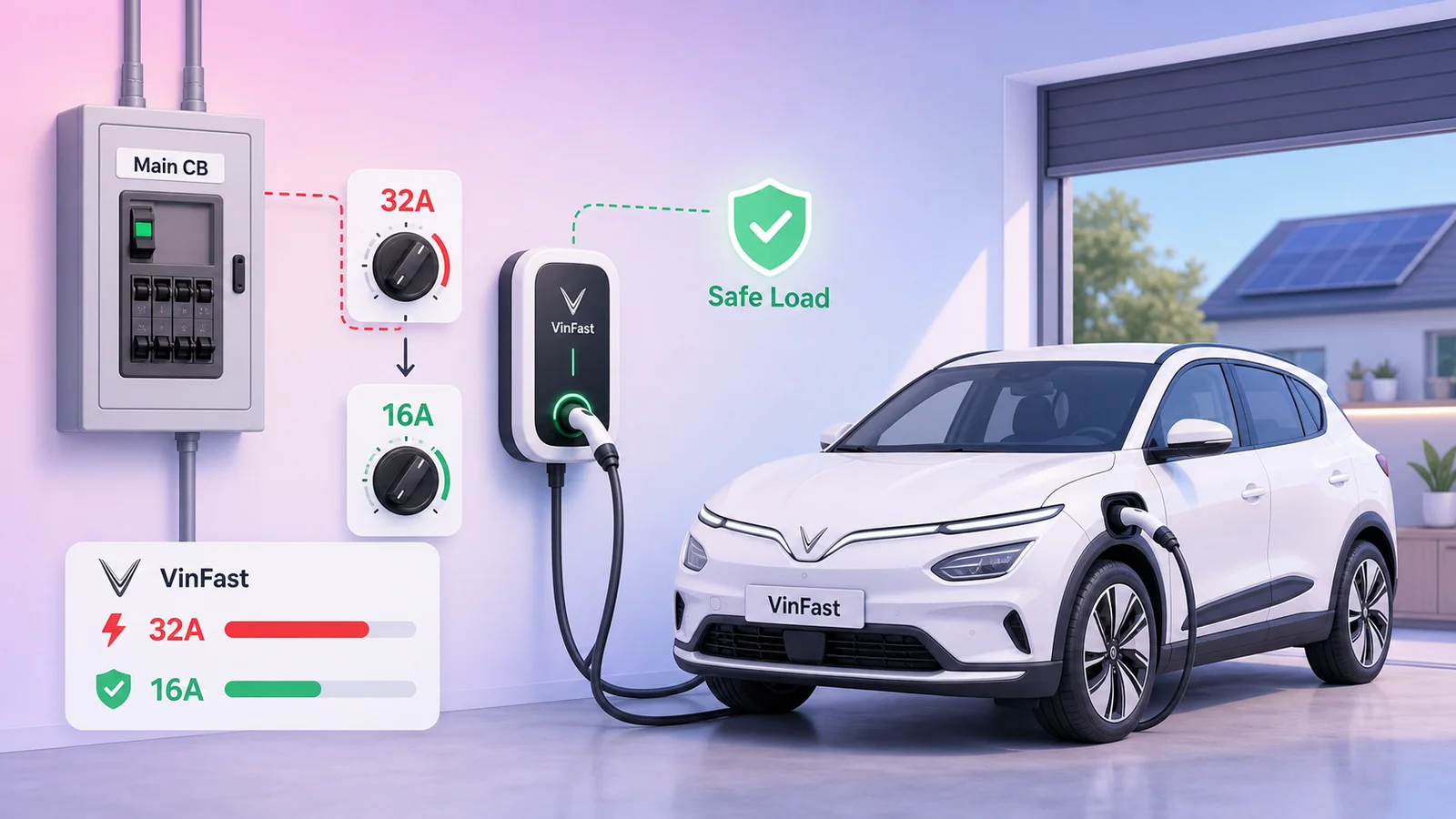 Giới hạn dòng sạc VinFast Home Charger để tránh quá tải CB tổng
