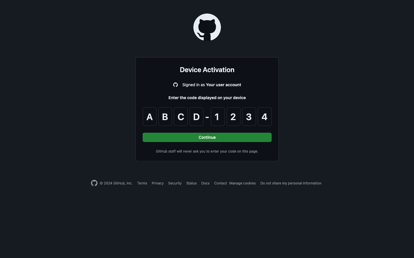 GitHub device code screen used during HACS authorization