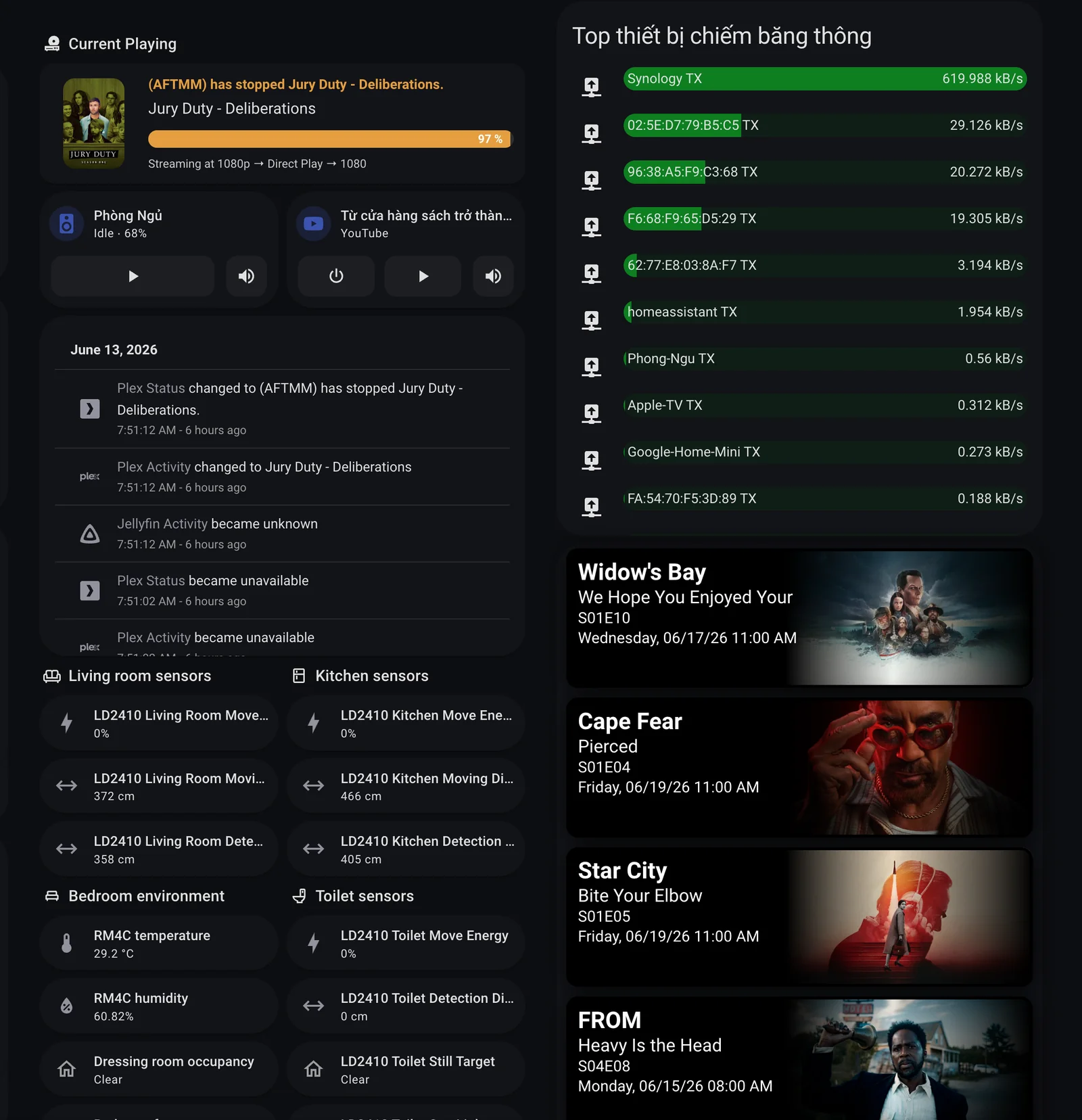Dashboard Home Assistant hiển thị Plex Current Playing và lịch phim sắp chiếu