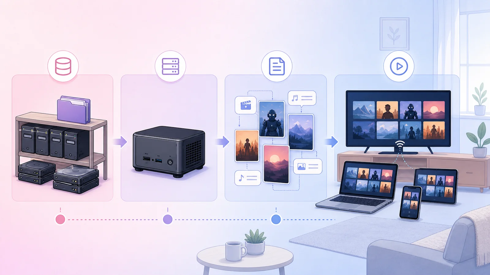 Illustration of the four home media server layers: storage, media server, metadata subtitles posters, and playback devices