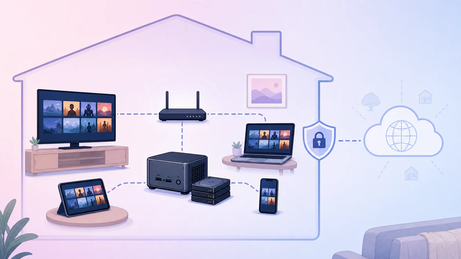 Illustration of a home media server streaming locally inside the LAN to a TV laptop phone and tablet